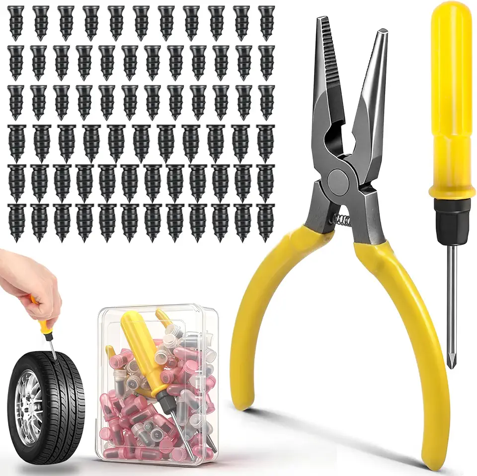 Kit de pregos de borracha para reparo de pneu de 70 peças com chave de fenda e alicate, pregos de reparo de pneu a vácuo de autoatendimento de 3 tamanhos com caixa, ferramentas de reparo de