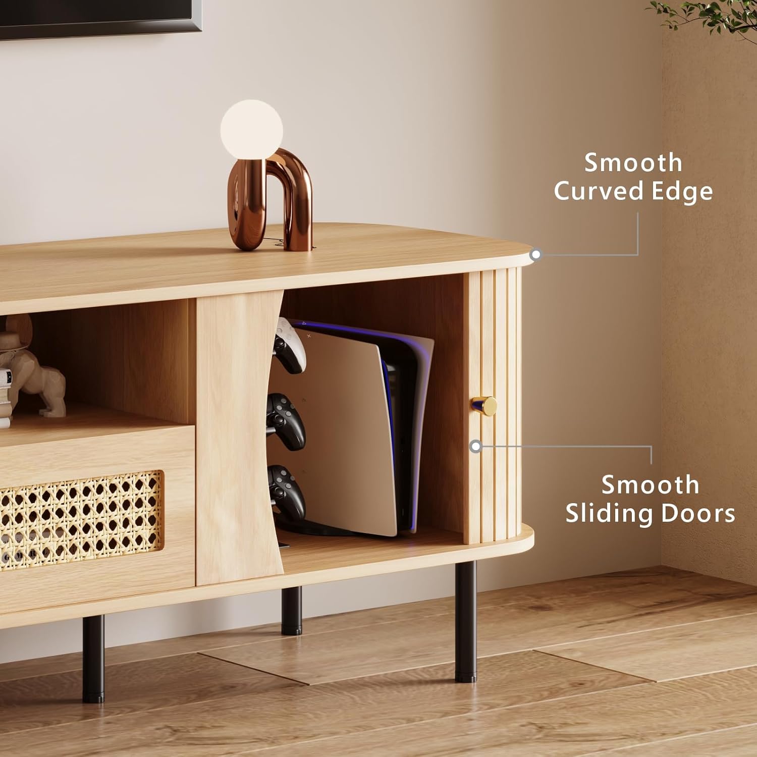 basenji Fully Assembled 71" Mid Century Modern TV Stand with Power Outlet and Sliding Doors, Rattan Entertainment Center with Storage, Wood Media Console,TV Consoles for Living Room, Wood