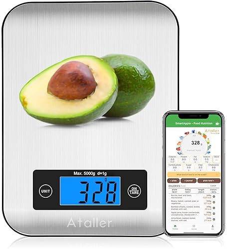 Ataller Báscula inteligente de alimentos con calculadora nutricional, aplicación para teléfono inteligente con seguimiento de 26 nutrientes,
