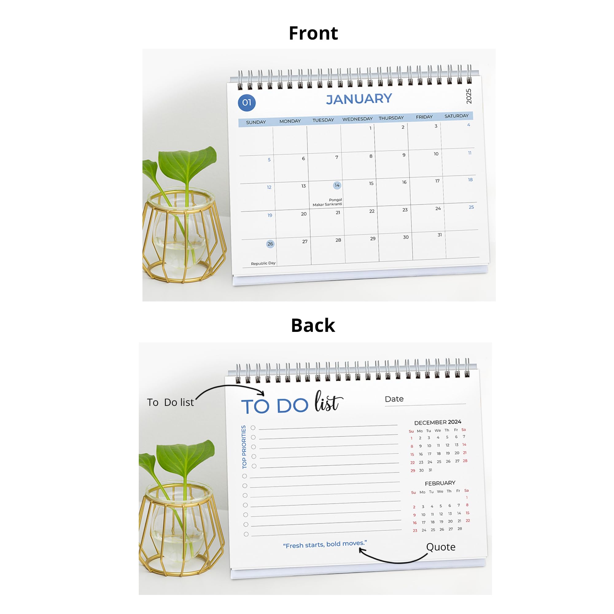 Papboo Ästhetischer Tischkalender 2025, 12 Monate, mit To-Do-Liste, Planer und Aufkleberbogen, inklusive Notizbereich, 220 g/m², weißer Spiralbindung, 15,2 x 20,3 cm (Farbrad)