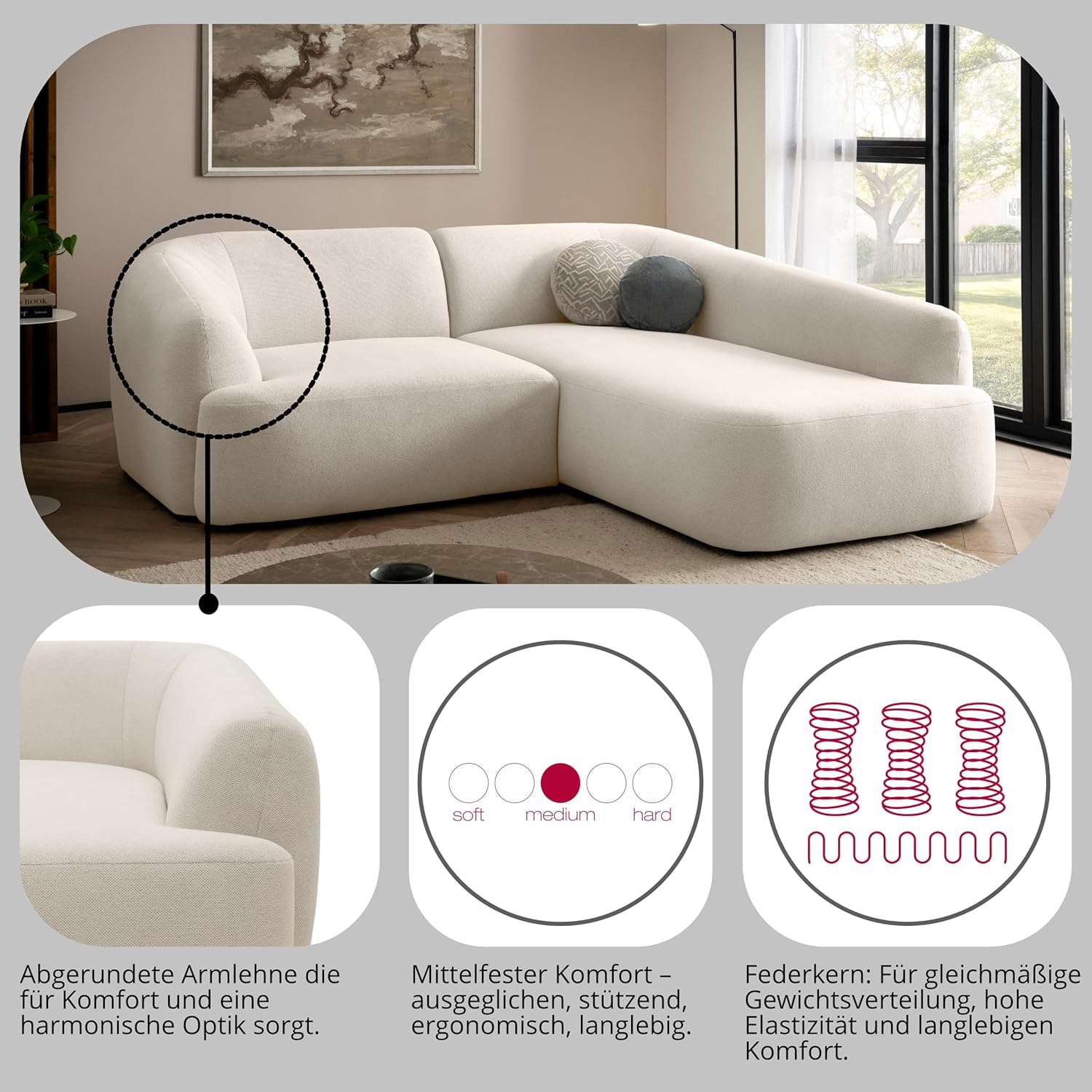 DOMO. collection Ecksofa Ansina, Taschenfederkern, Creme | Longchair rechts mit Taschenfederkern, komfortable Polsterecke in L-Form, 216 x 196 x 76 cm (BxTxH)