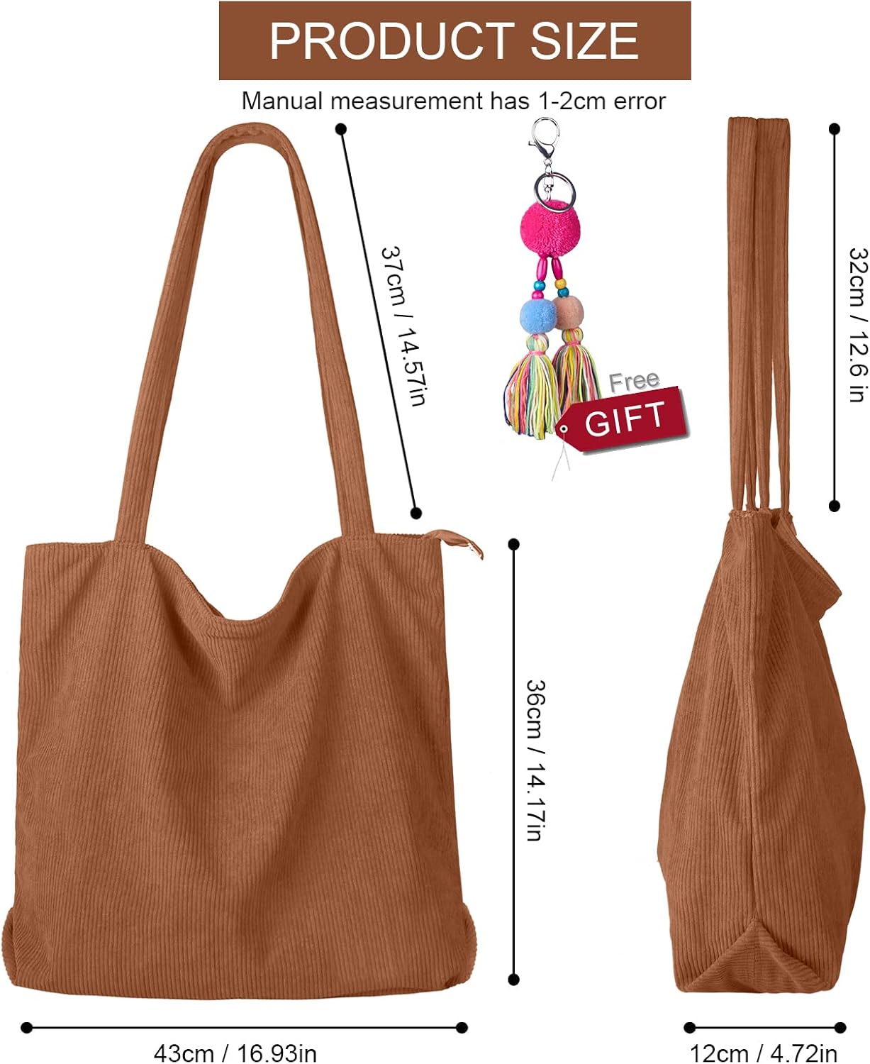 FITDON Corduroy Totes Bag with Zip, Shoulder Bags Handbags Women's Hobos Large Capacity Shopping Bag with Inner Pocket, Brown - Image 4