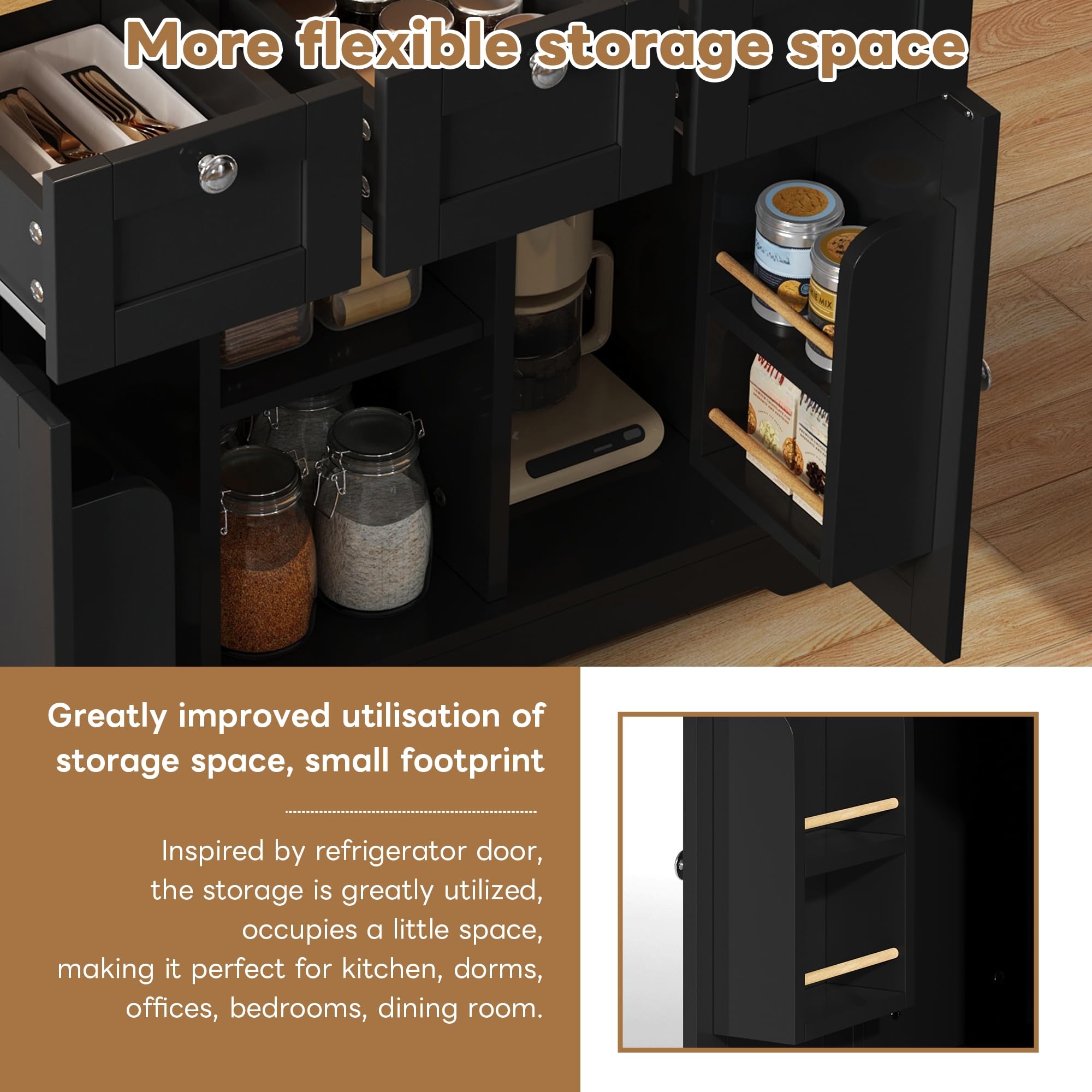 Isla De Cocina con Encimera Cocina Plegable y Enchufe de Carga, Armario con Cajones y Puerta, Muebles de Salon con Almacenamiento Abiertos, Mueble Auxiliar para Comedor, 132x87x70 cm (Negro)