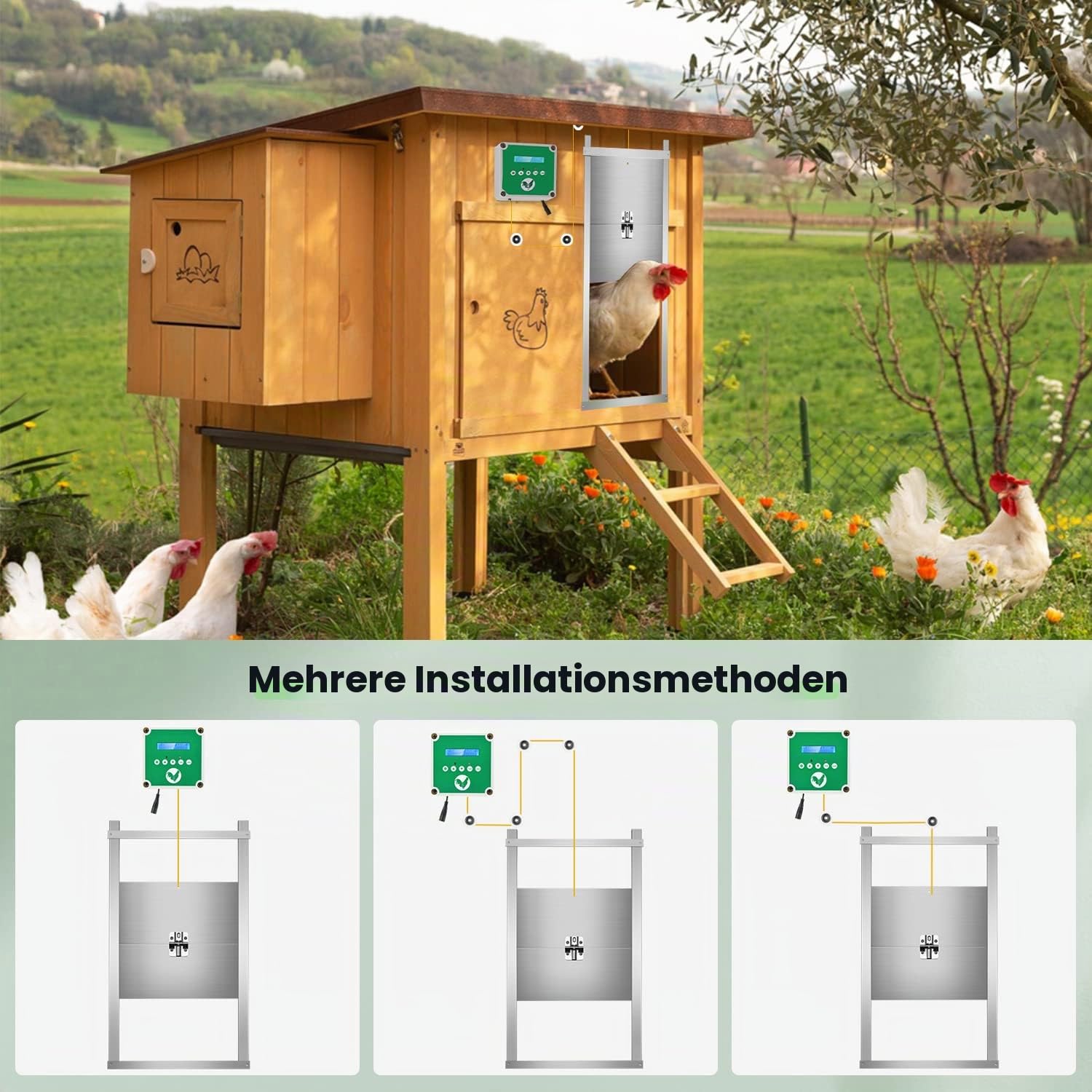 Automatischer Hühnerstalltüröffner mit Timer & 2 Fernbedienungen, Batterie- oder Solarbetriebenes IP65 Wasserdichtes Geflügeltür-Hebesystem