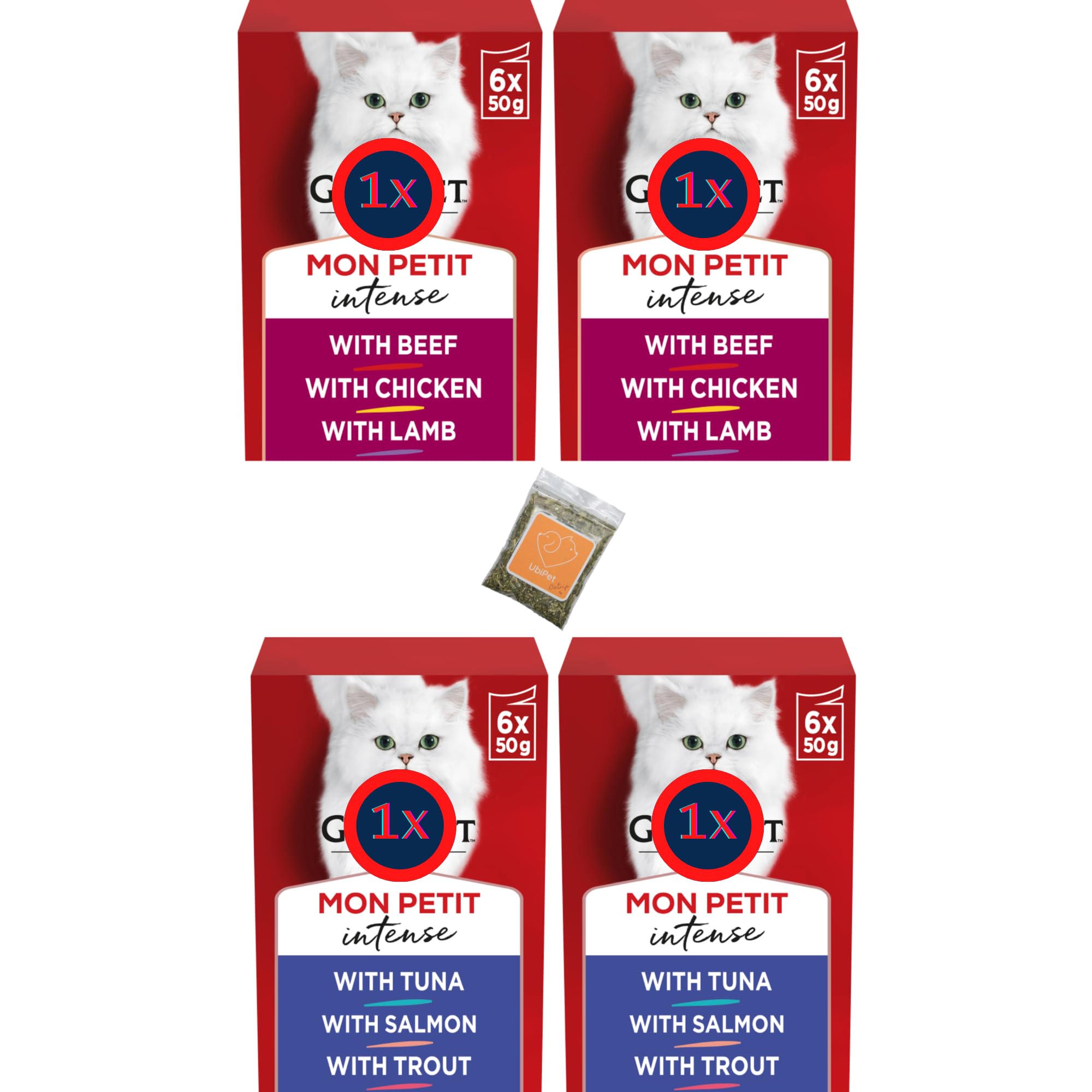 Wet Cat Food Variety Pack Bundle with Meat and Fish Flavours (Total 24 pouches x 50 grams) and 1 UbiPet Catnip
