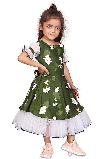 Fashion Dream Girl?s Floral Digital Printed Midi Dress/Frock_Green Floral