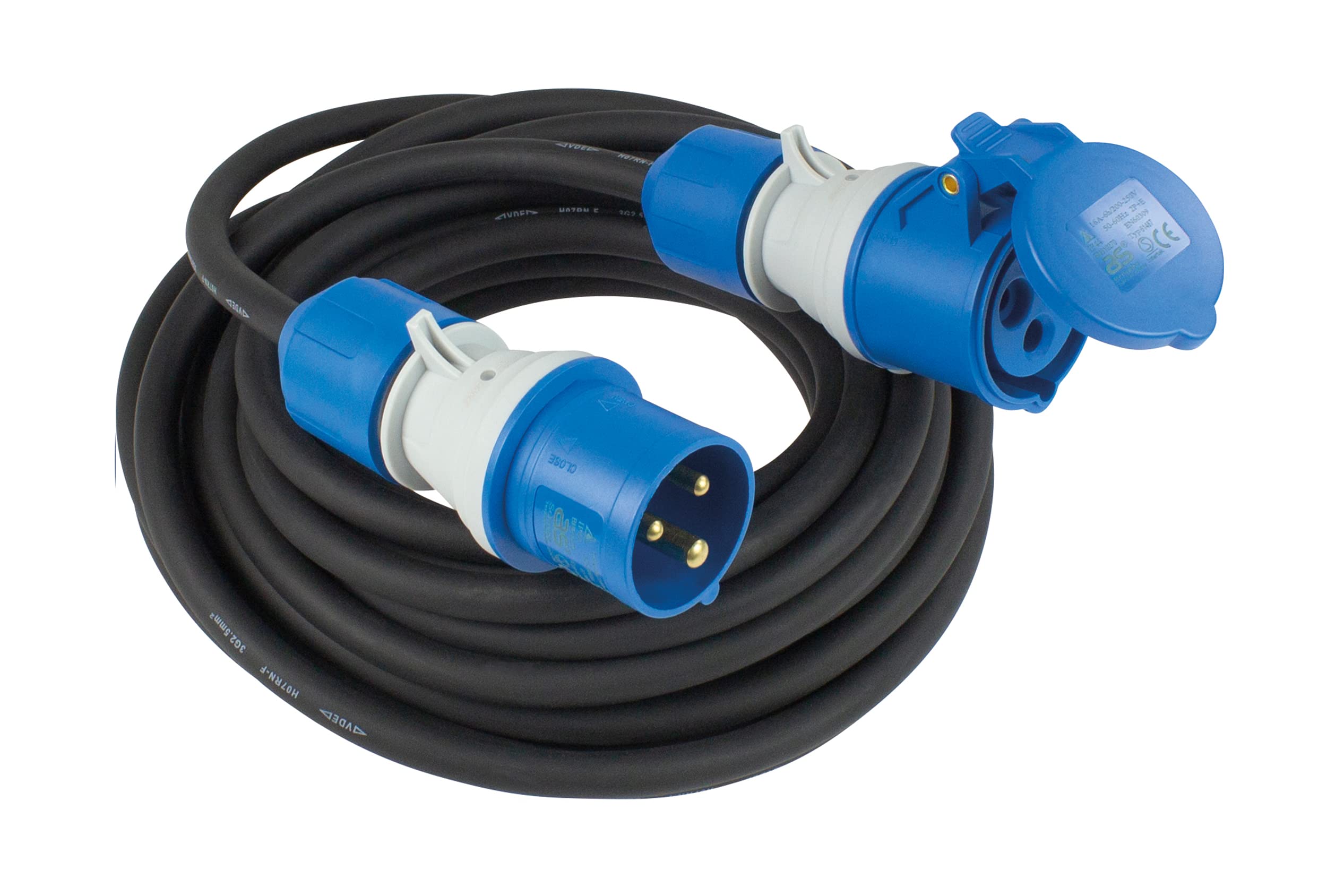 as - Schwabe Juego de camping de 5 piezas – Cable de extensión CEE de 25 m con conector CEE y acoplamiento CEE – Funda protectora para cable – 2 x 1,5 m Cable adaptador – Linterna LED 100 lúmenes