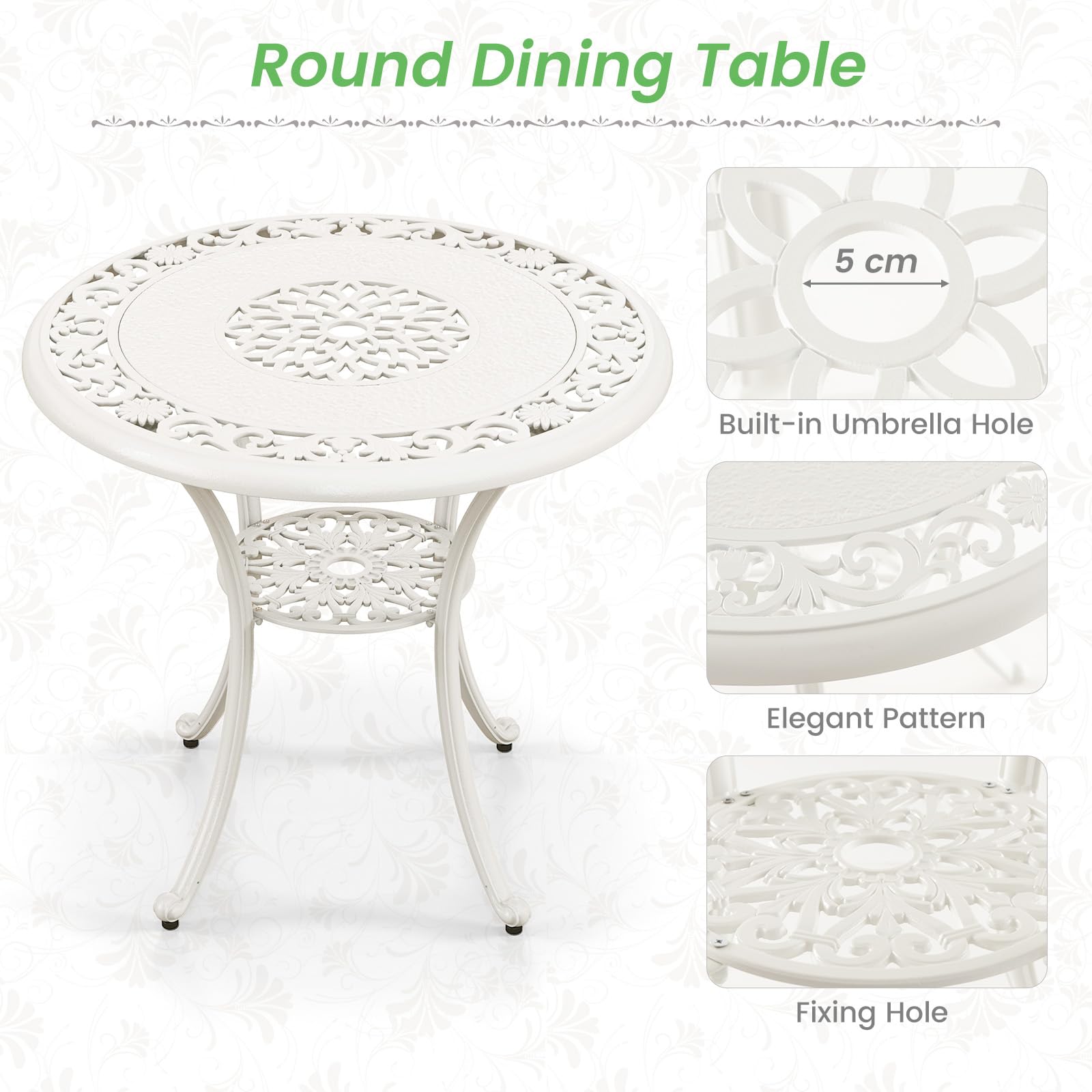 GIANTEX Soggiorno da giardino esterno, tavolo da giardino con sedia in ghisa di alluminio, tavolo da bistrot 5 pezzi per 4 persone, foro dell'ombrellone Dia.5 cm, tavolo rotondo per terrazza, balcone