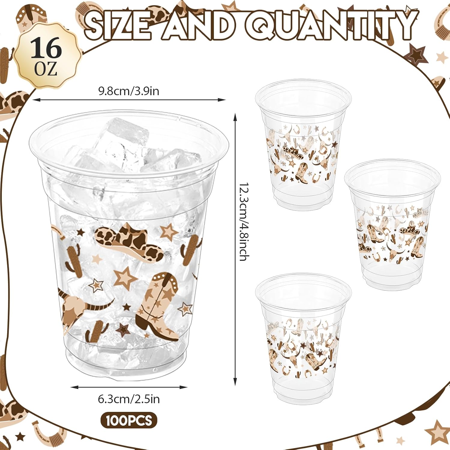 100 Pcs Brown Cowboy Plastic Cups, 16 oz Western Cowboy Disposable Clear Party Cups for Cowboy Birthday Party Baby Shower Last Rodeo Party Supplies - Image 2