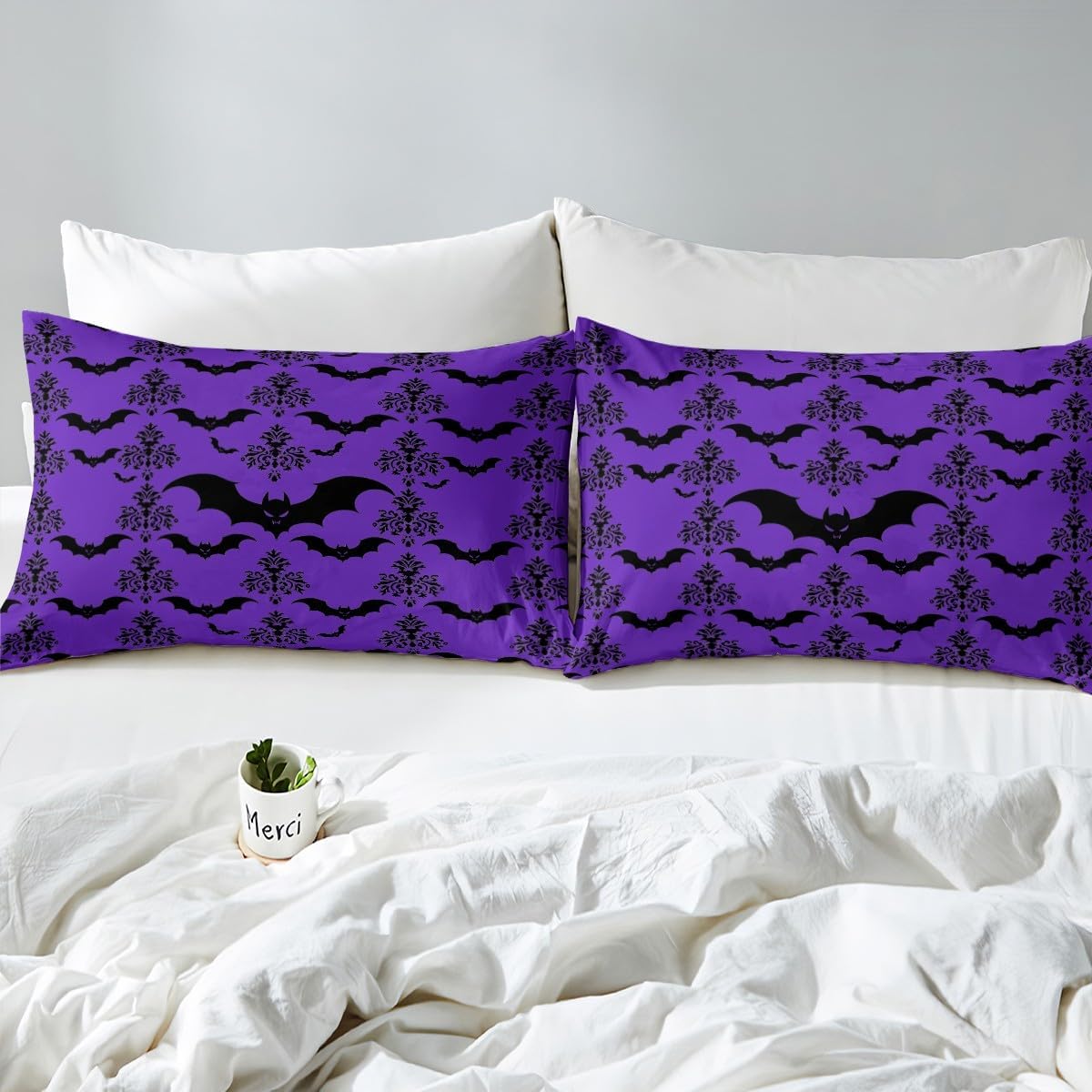 Erosebridal Bats Fitted Sheet Full Size Halloween Bed Sheets Gothic Purple Black Victorian Adults Bed Set Women Men Deep Pocket Sheets
