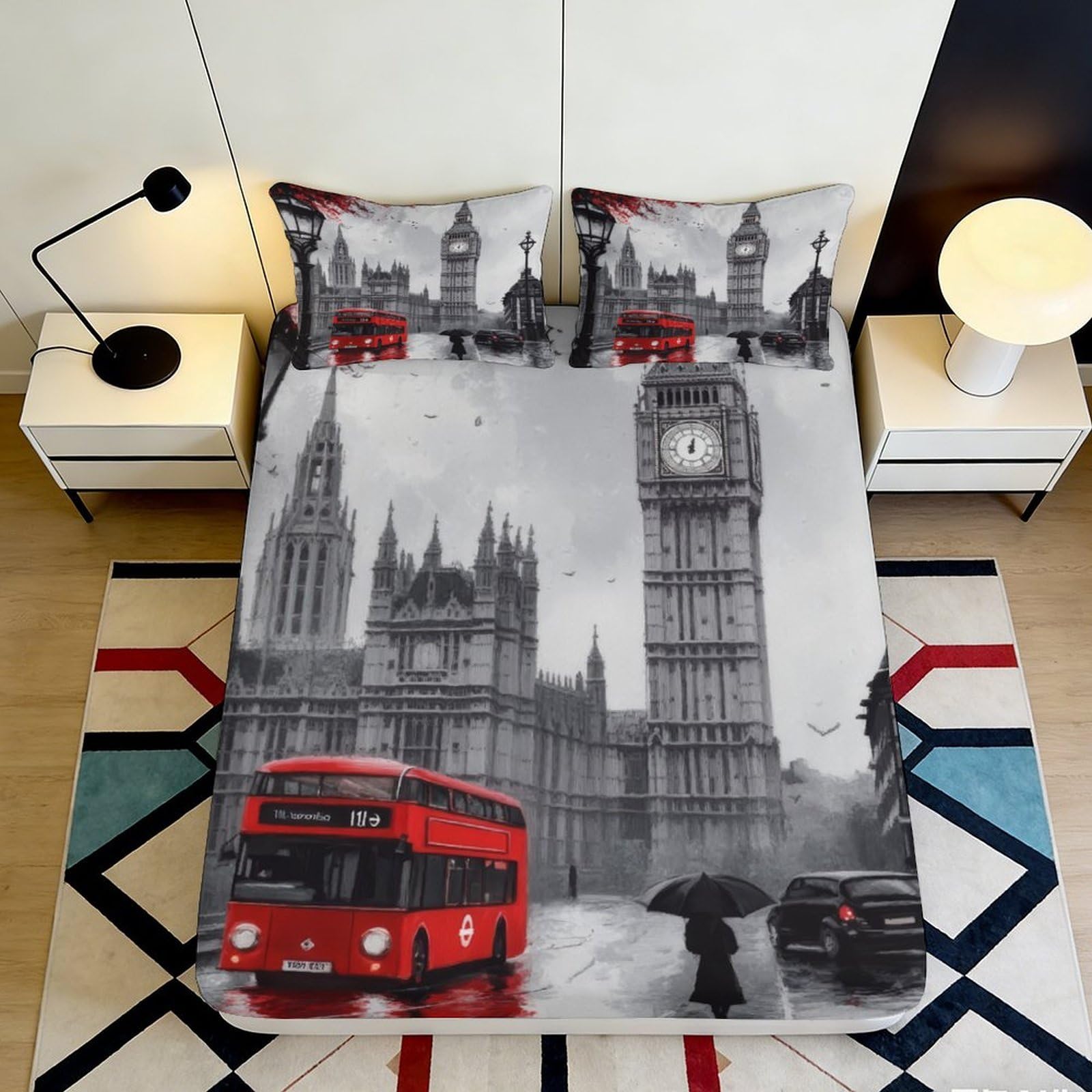 3D Printed London City Fitted Sheet Microfiber Non-Slip Deep Pocket Urban Style Mattress Fitted Cover Bedroom Bedding 140x200x25cm