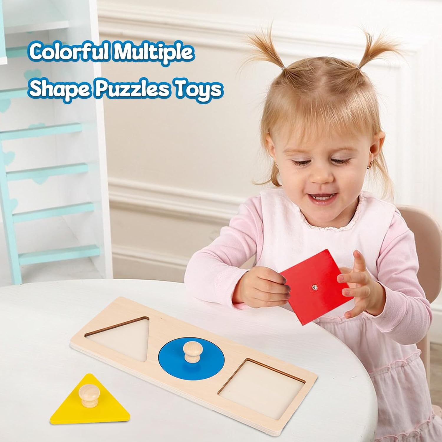 Adena Montessori Colorful Multiple Shape Puzzles Toys for 6-12 Months 1 Year Old Toddler Babies First Shapes Geometric Jumbo Knob Wooden Puzzle Color Sorter (3 Pieces) 3 Pieces image 2