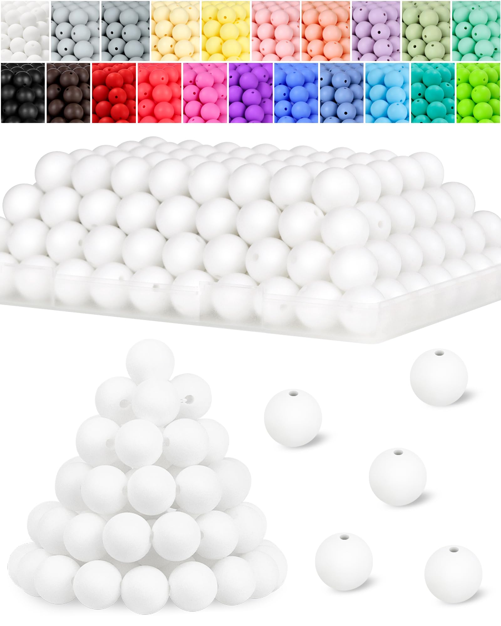 120PCS FIVEIZERO Silicone Beads, 15mm White Round Rubber Silicone Beads Bulk for Keychain Making, Bracelet Necklace DIY Crafts (White)