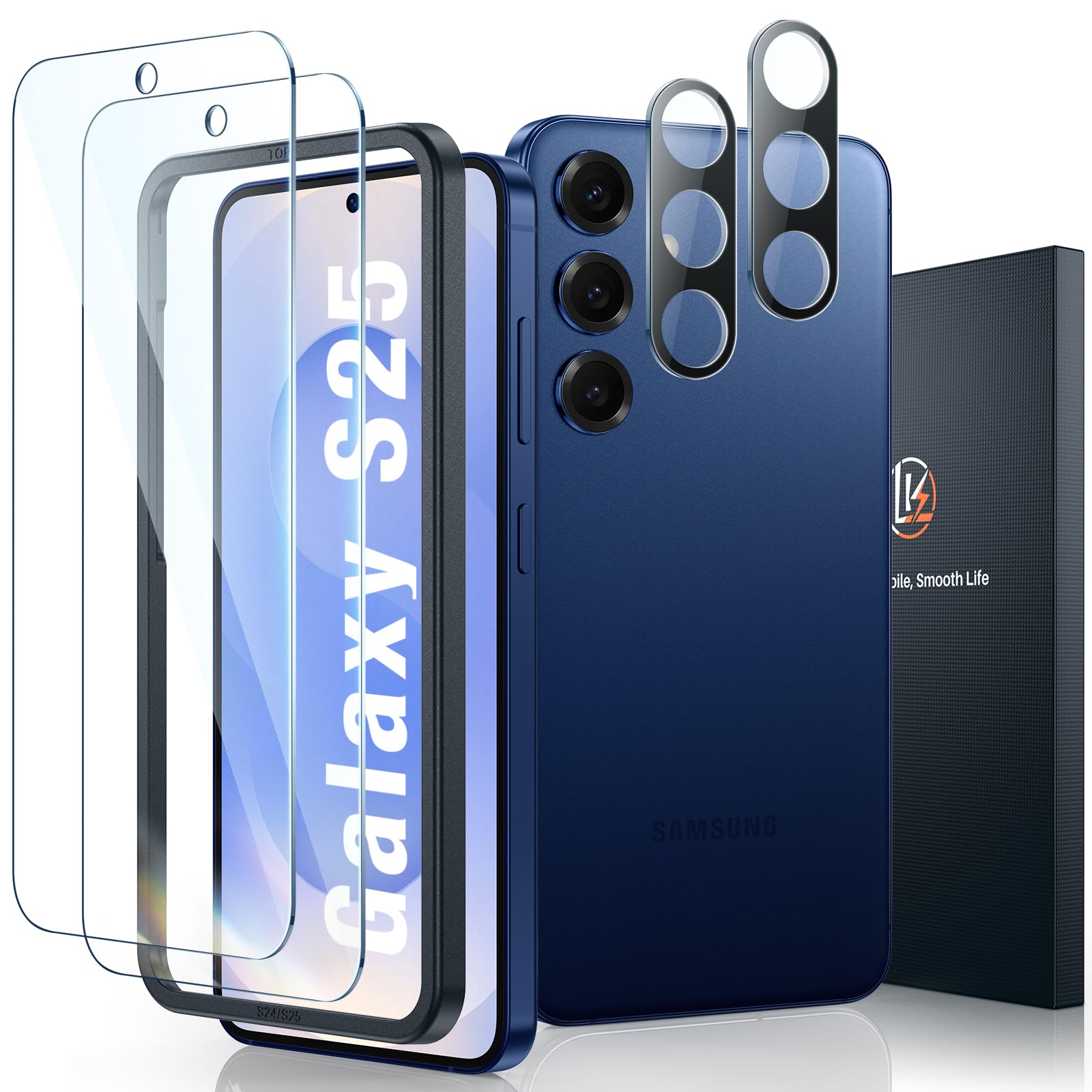 LK [ 2+2Pack ] 2 Packs Compatible for Samsung Galaxy S25 Screen Protector, S25 Tempered Glass Screen Protector with 2 Packs Camera Lens Protector, 9H Hardness, Easy Installation