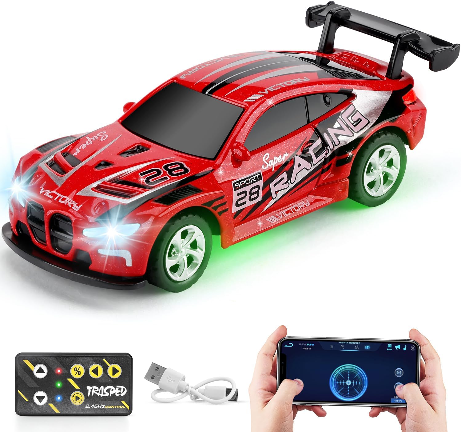 SASBSC Mini RC Toy Cars for Boys Kids Adults, 2.4GHz APP Remote Control Car with Lights and 3 Speed Modes, 1/64 Race Toy Car Rechargeable for Boys Ages 5-7 8-12,Birthday Gifts for Kids
