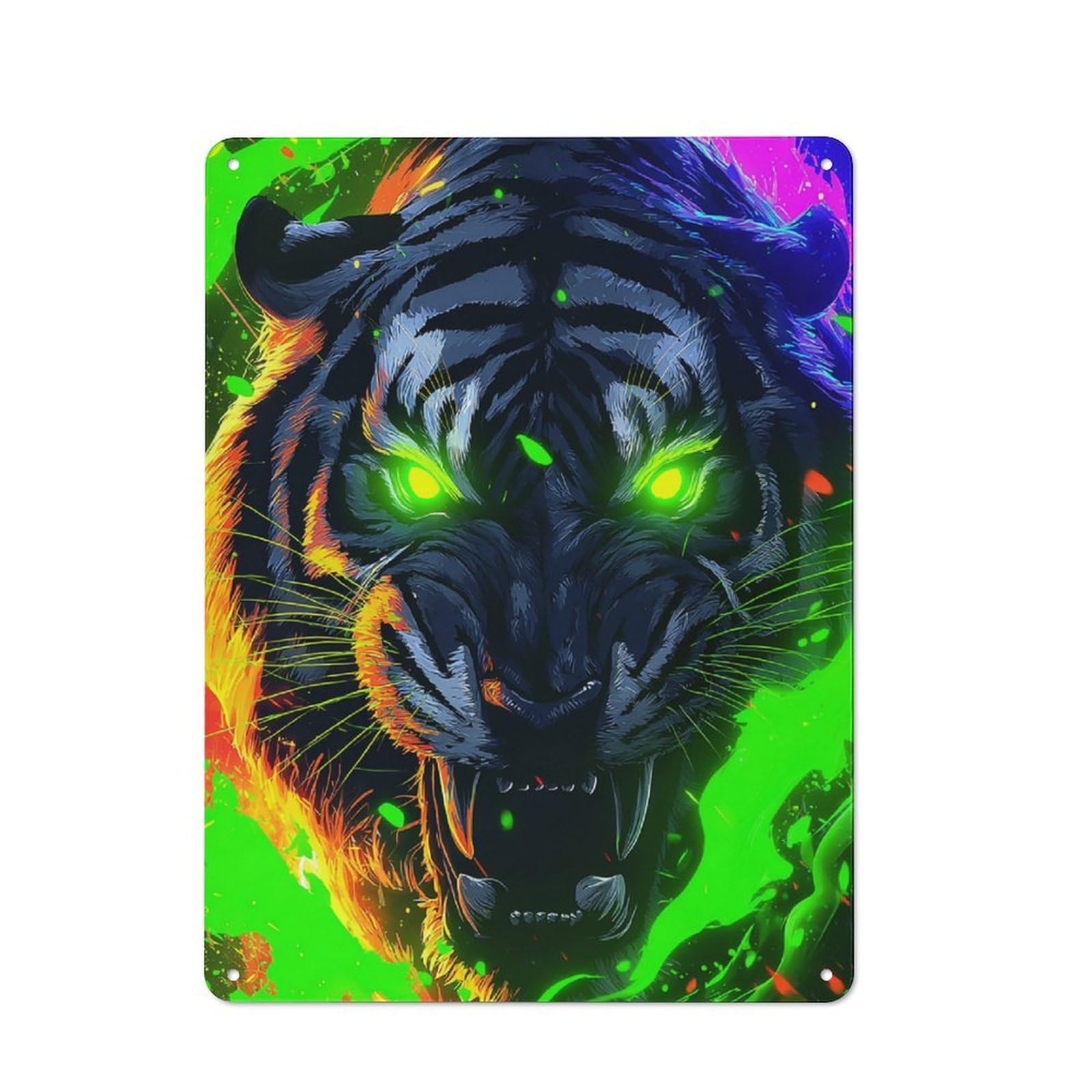 Junmoney Neon Tiger Fiery Artwork Rustic Metal Plaque 40X30cm For Hobby Room Or Studio, For Creative Interior Collectors