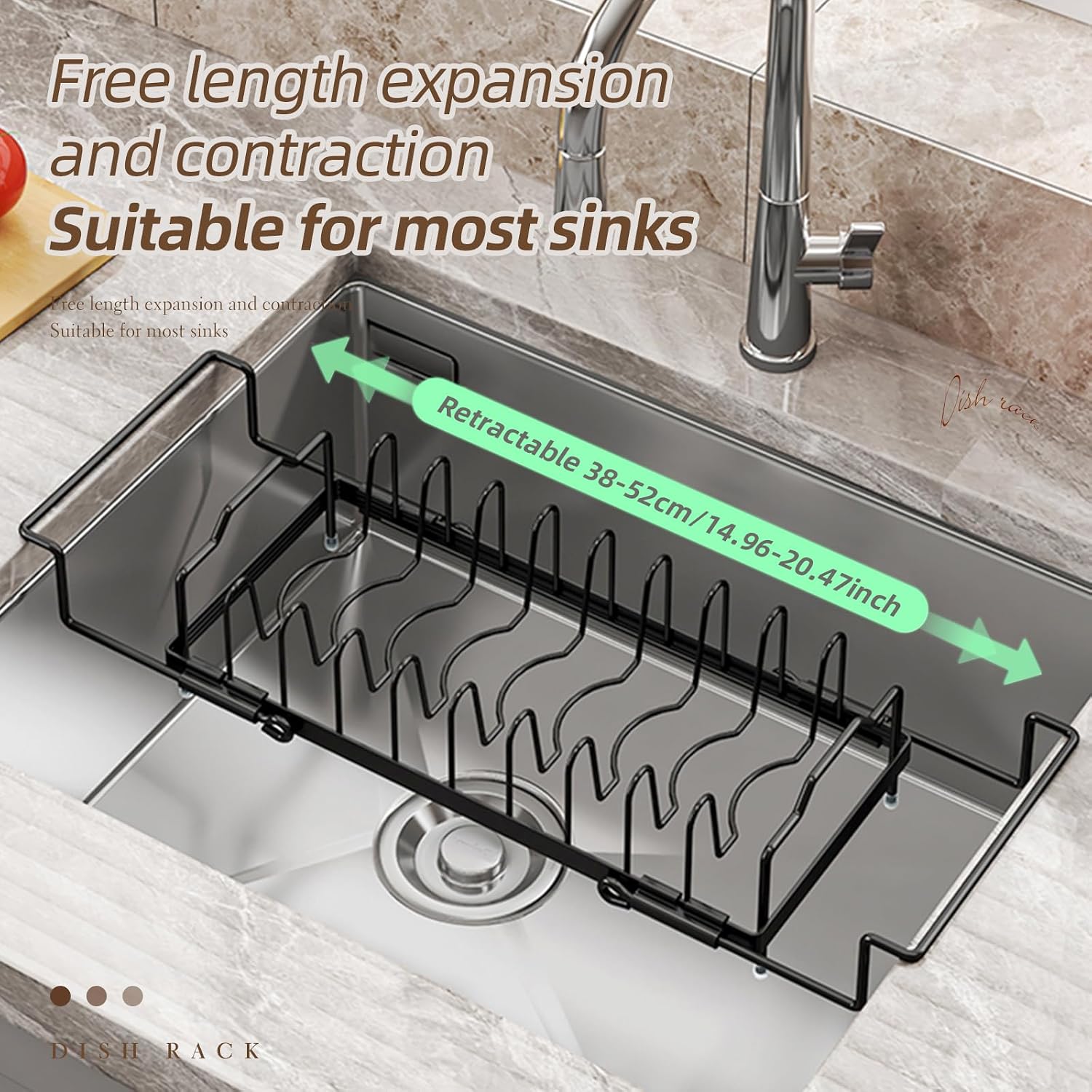 Small Sink Dish Drying Rack - Expandable Dish Rack Over Sink with Drainboard, Adjustable Dish Drainer with Utensil Holder, Compact Plate and Bowl Rack for Kitchen Counter,Black