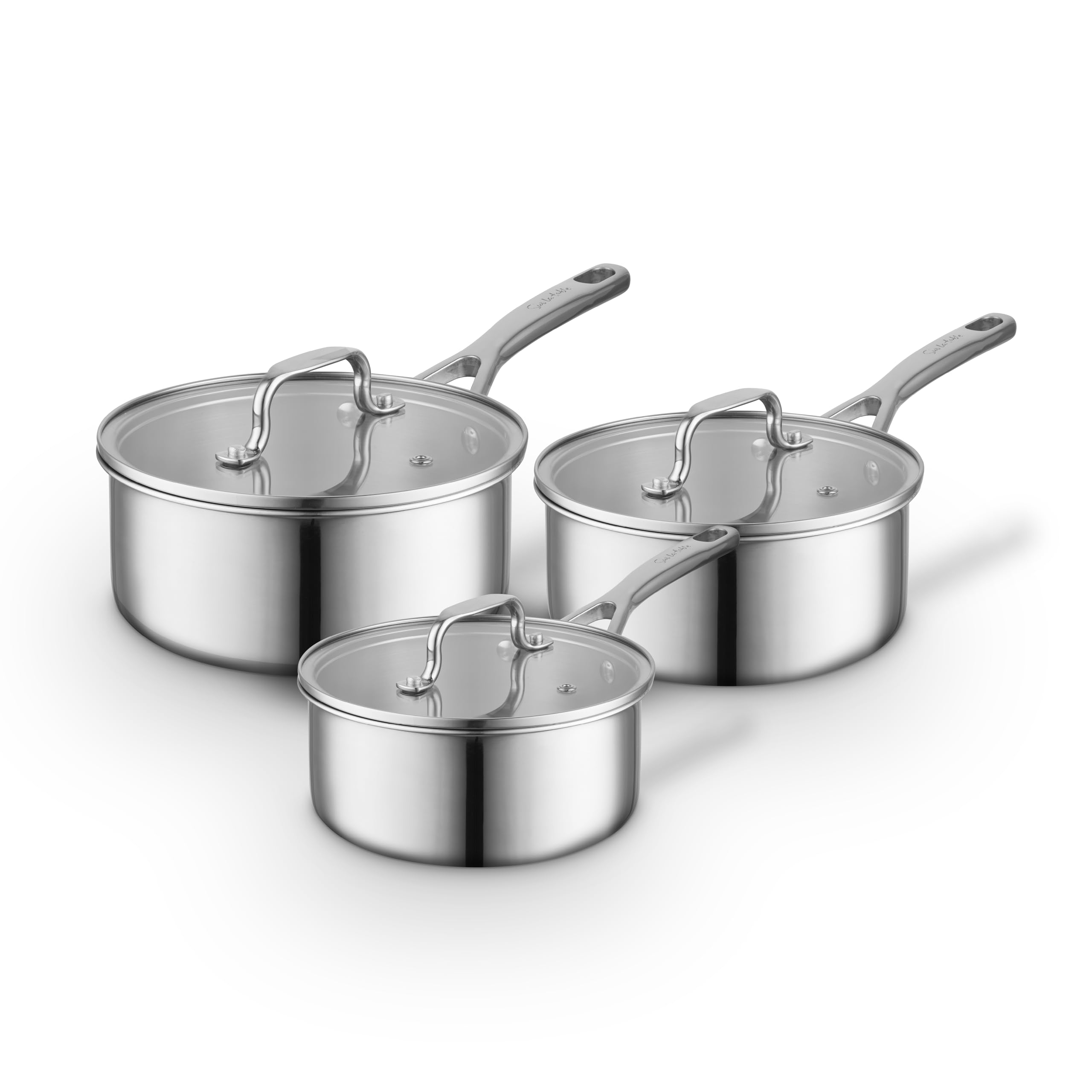 Sur La Table Stainless Steel Tri-Ply 3 Piece Saucepan Set With Tempered Glass Lids, Satin Interior Finish, 16Cm/18Cm/20Cm Saucepans, Induction Compatible, Slt900234