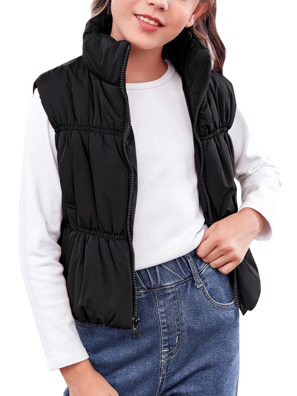 Haloumoning Chaleco de invierno para niñas, cuello alto, sin mangas, cálido, chaleco acolchado para niños, ropa de abrigo linda, chaleco ligero