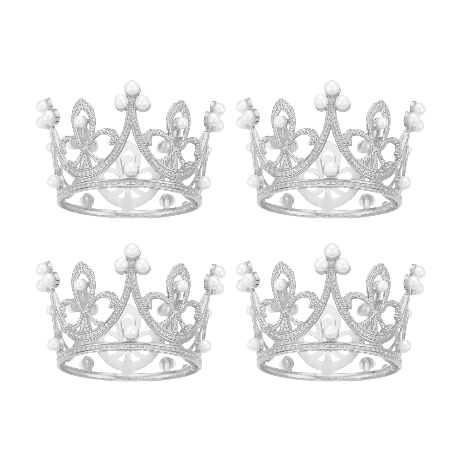 Mini Crown Cake Topper, 4 Pcs Small Crystal Pearl Tiara Happy Birthday Cupcake Topper Princess Crown Cake Decorations Hair Accessories for Birthday, Wedding, Baby Shower (A Silver)