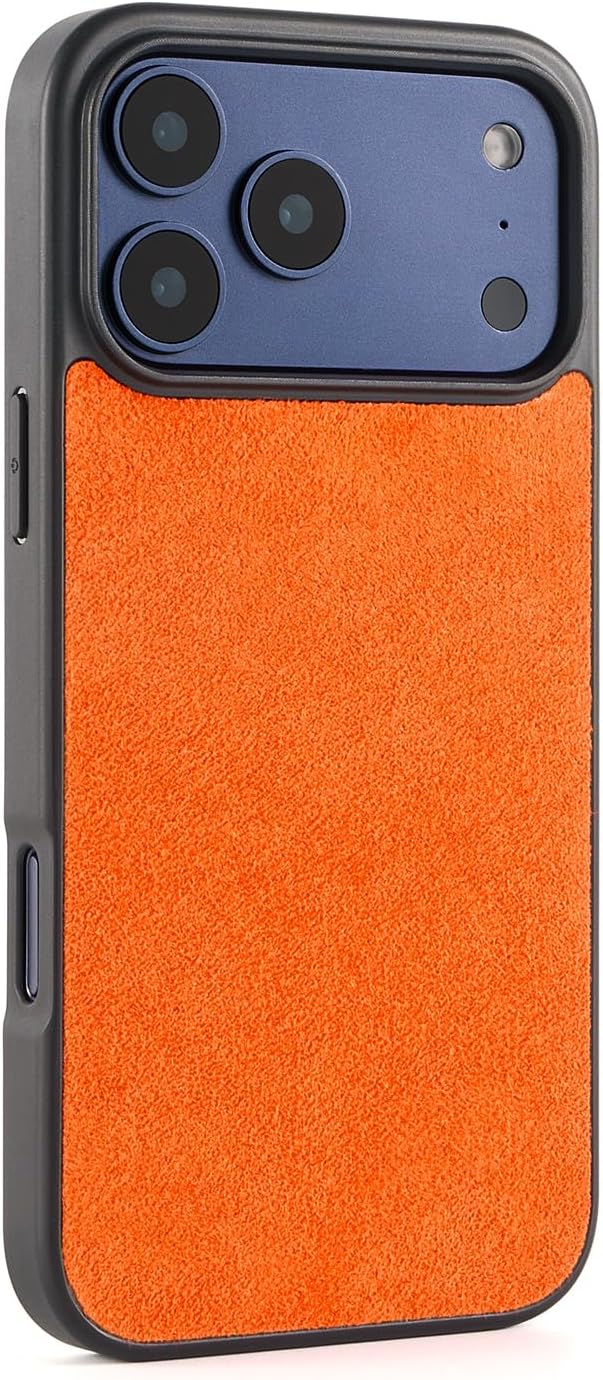 Alcantara Back-Wrap Phone Case for iPhone 17 Pro Max 6.9", Handmade Back-Wrap Italian Synthetic Suede Cover, Compatible with Mag-Safe Wireless Charging (Orange)