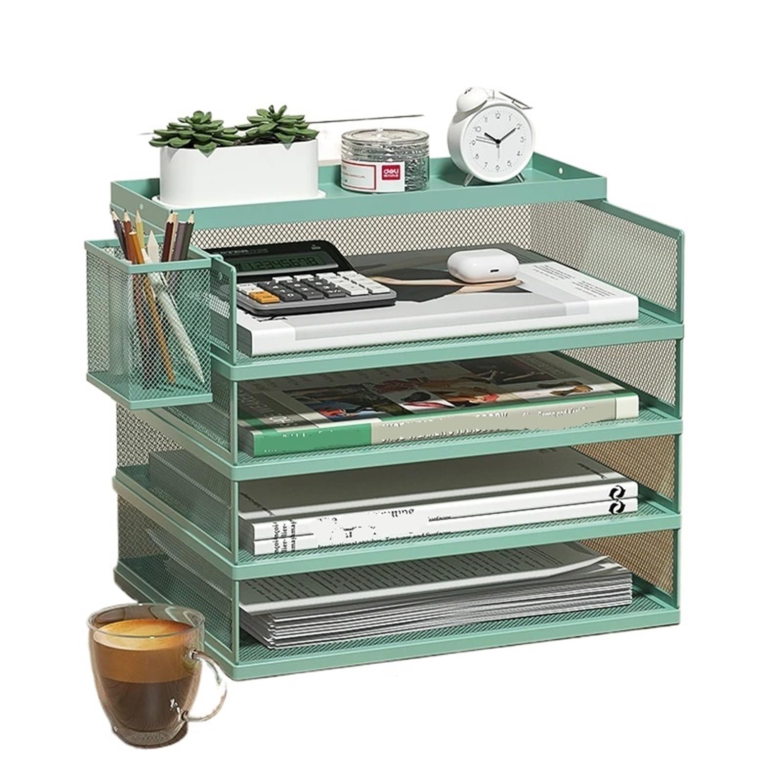 4-Tier Green Stackable Letter Tray Office Desk Organizer File Trays, Desktop Holder for Paper Accessories with Pen Desk Organiser Tray(2-Tier Green)