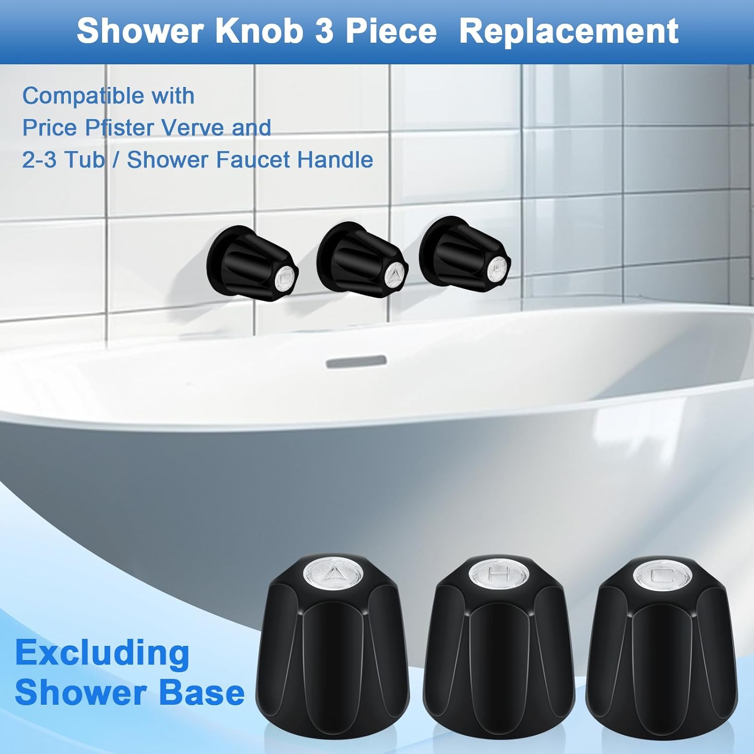 Metal Shower Knobs 3 Piece Replacement, Compatible with Price Pfister Verve and Bathtub Shower Faucet Handle, Shower Knobs Include Hot/Cold/Diverter and 3 Screws (Matte Black)
