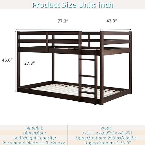 Miniatura 92 de Litera baja individual sobre individual, base de cama de madera maciza con escalera y barandillas de seguridad, literas individuales para niños y