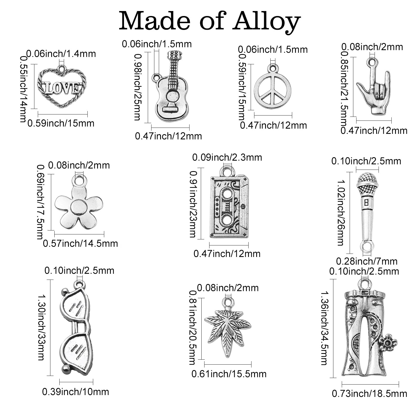 Stiesy 100Pcs 10 Styles Tibetan Hippie Theme Charms Antique Silver Guitar Peace Sign Leaf Shape Dangle Charms for Crafts Jewelry Making - Image 2