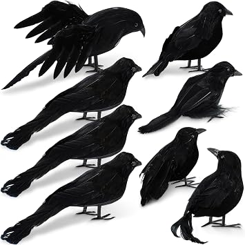 Meooeck 8 Pcs Halloween Black Feathered Crow Realistic Fake Crow Halloween Crows and Ravens Decor Outdoor Raven Prop for Home Decoration Halloween Yard Garden Carnival Supplies Tombstones Party