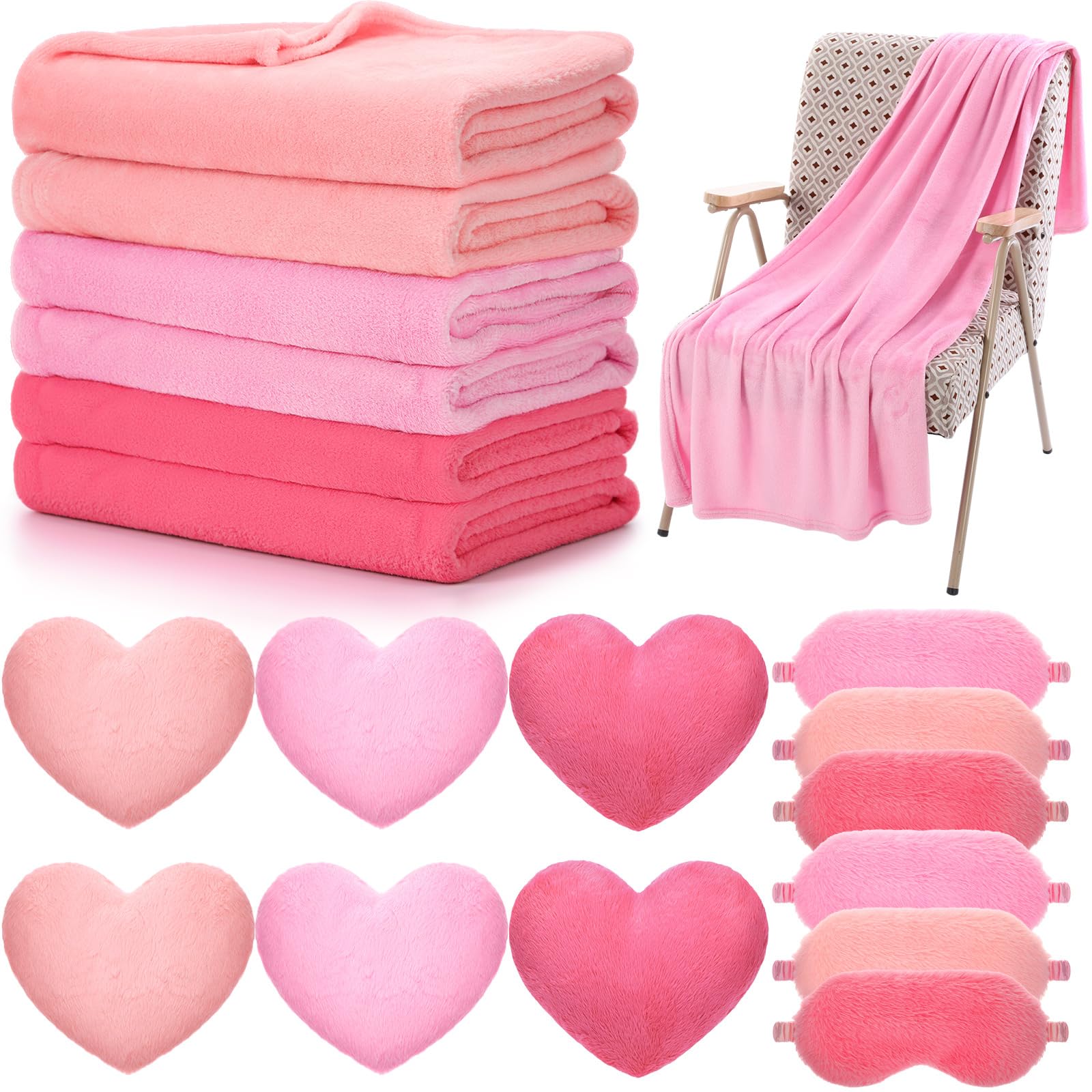 18 pcs kids sleepover party supplies set for girls fleece soft blankets fluffy heart throw pillow plush sleep eye mask for spa camping birthday favors(pink,jade,dark pink)