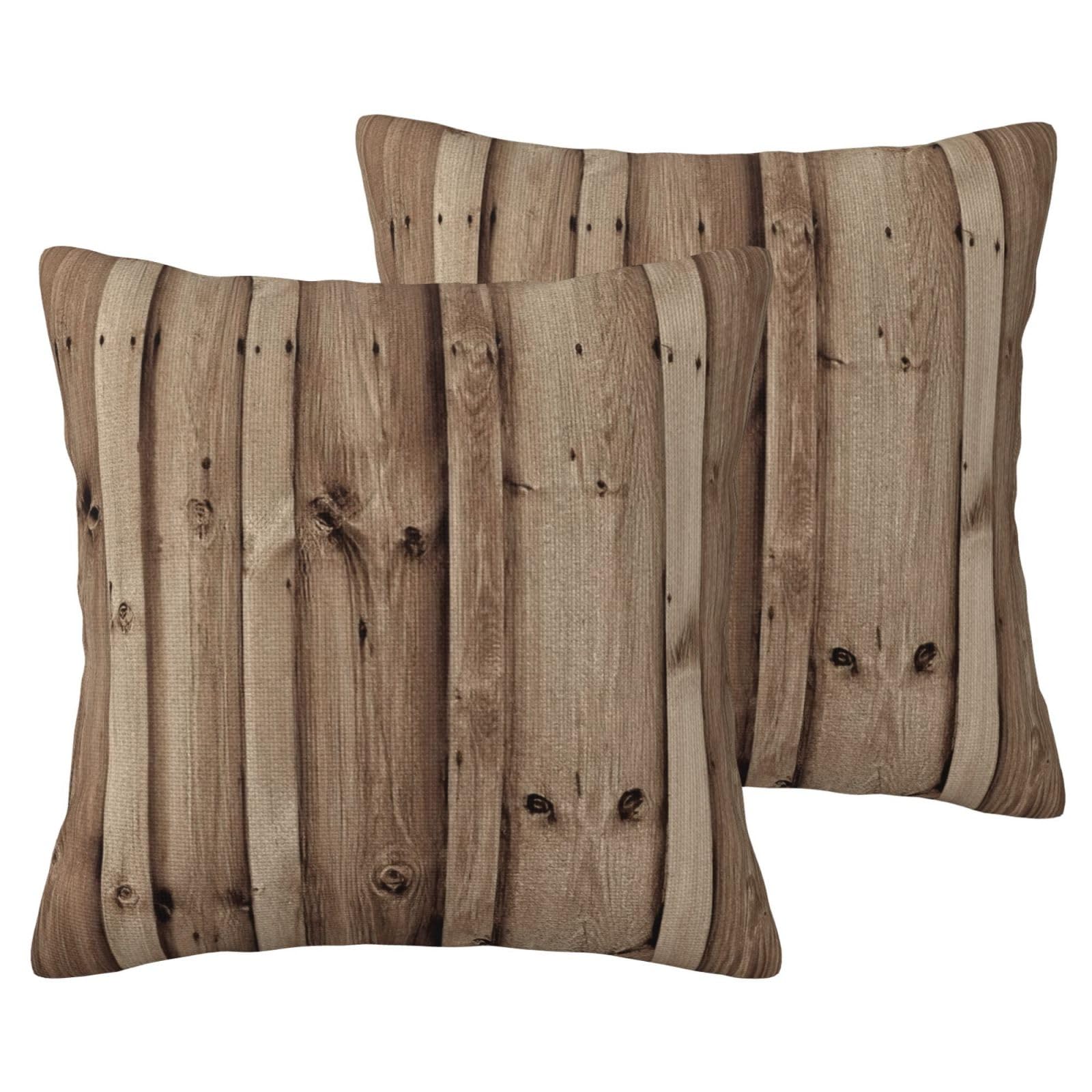 Lot de 2 taies d'oreiller aspect lin à motif grain de bois 45x45 cm