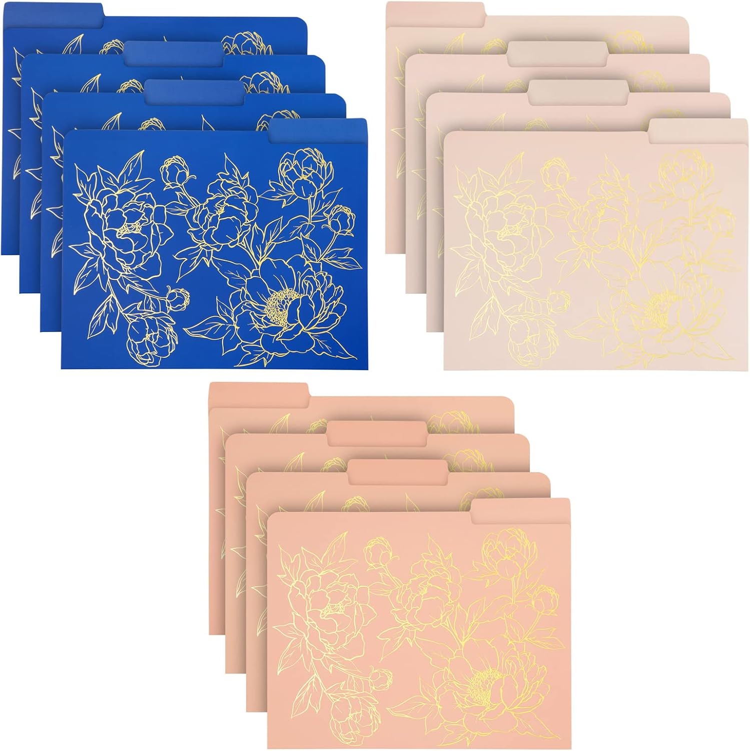 12 Pack Decorative Floral File Folders for Women with Gold Foil Accents, 1/3 Cut Tab Letter Size for Office Supplies (3 Colors, 11.5 x 9.5 in)