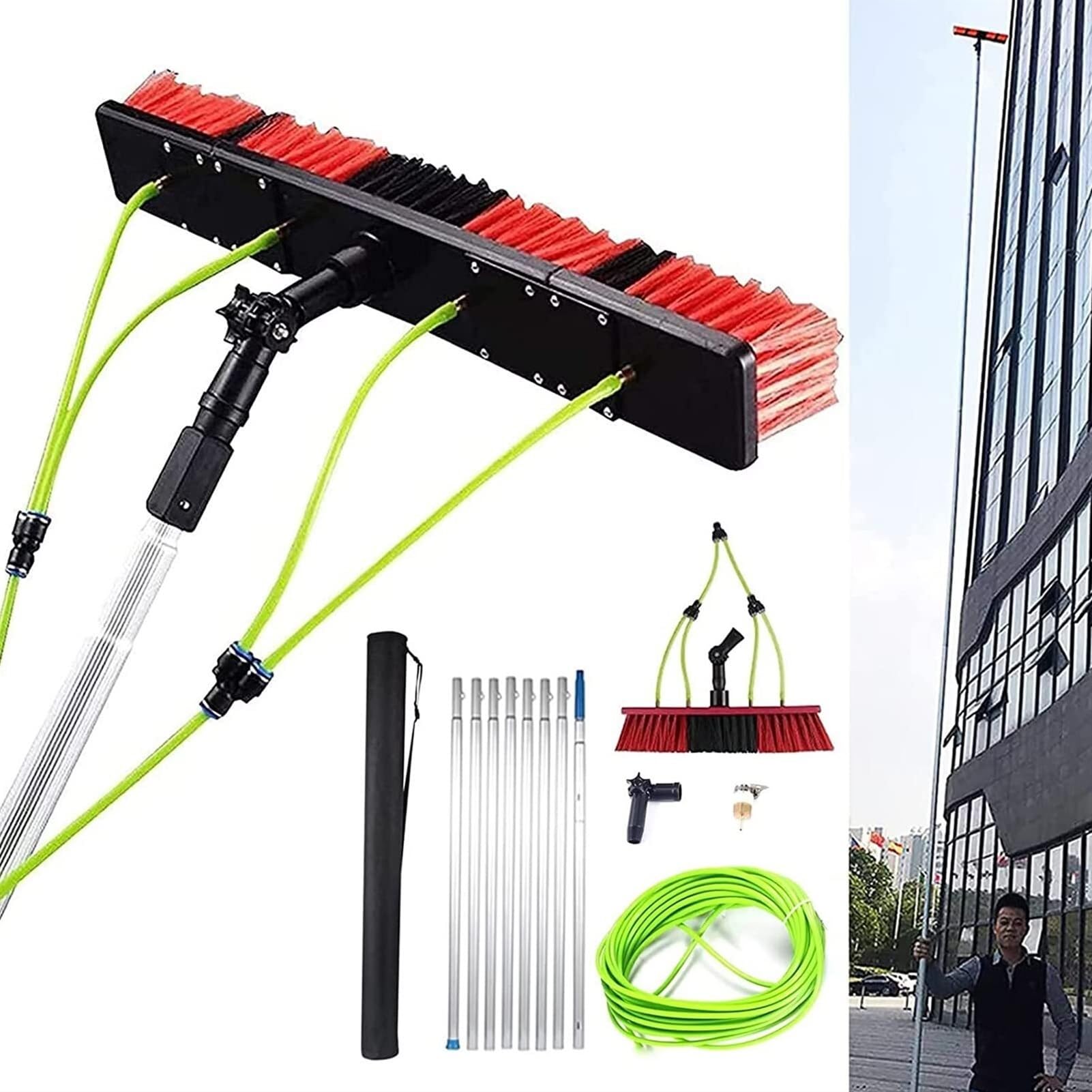 Perche télescopique à eau avec brosse rotative 180 pour nettoyage de vitres et panneaux solaires