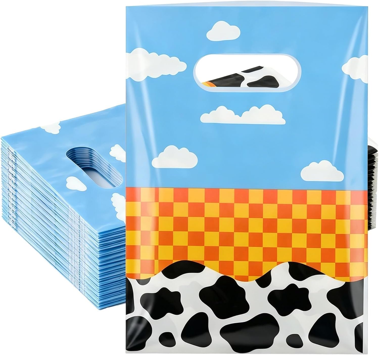 HLHLLSW 60PCS Cartoon Goodie Bags, Blue Sky White Cloud Pattern Plastic Gift Bags with Handles, Reusable Candy Treat Bags for Kids Birthday Themed Party Supplies