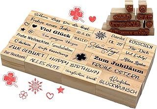 Stempelset 33 Stück Holzstempel mit Sprüchen und Motiven – Stempel Geburtstag, Einladung, Frohe Weihnachten, Happy birthday, Herz Stempel, Kreatives Stempel Set für Karten, DIY Deko