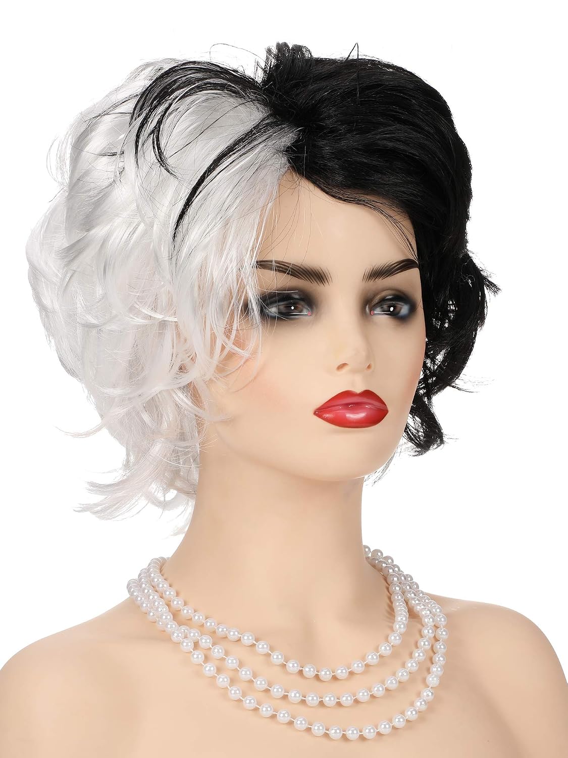 WILLBOND Halloween Lady Costume Wig Set Half Black and White Wig Faux Pearl Necklace (Style 2)