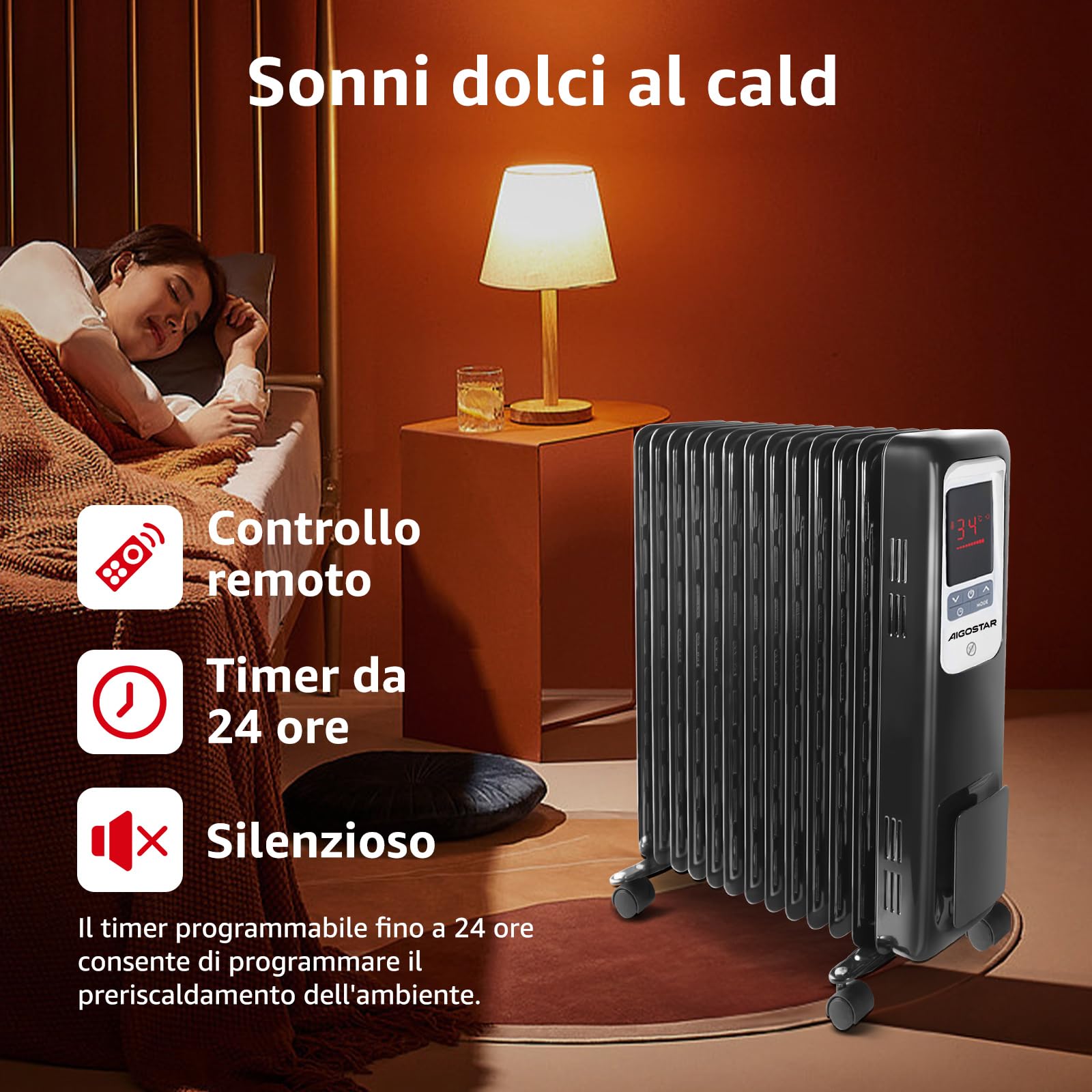 Aigostar Oil Monster 33JHH -Radiatore ad olio da 2500W. Radiatore elettrico 13 elementi con schermo a LED, Telecomando a distanza. Design esclusivo.