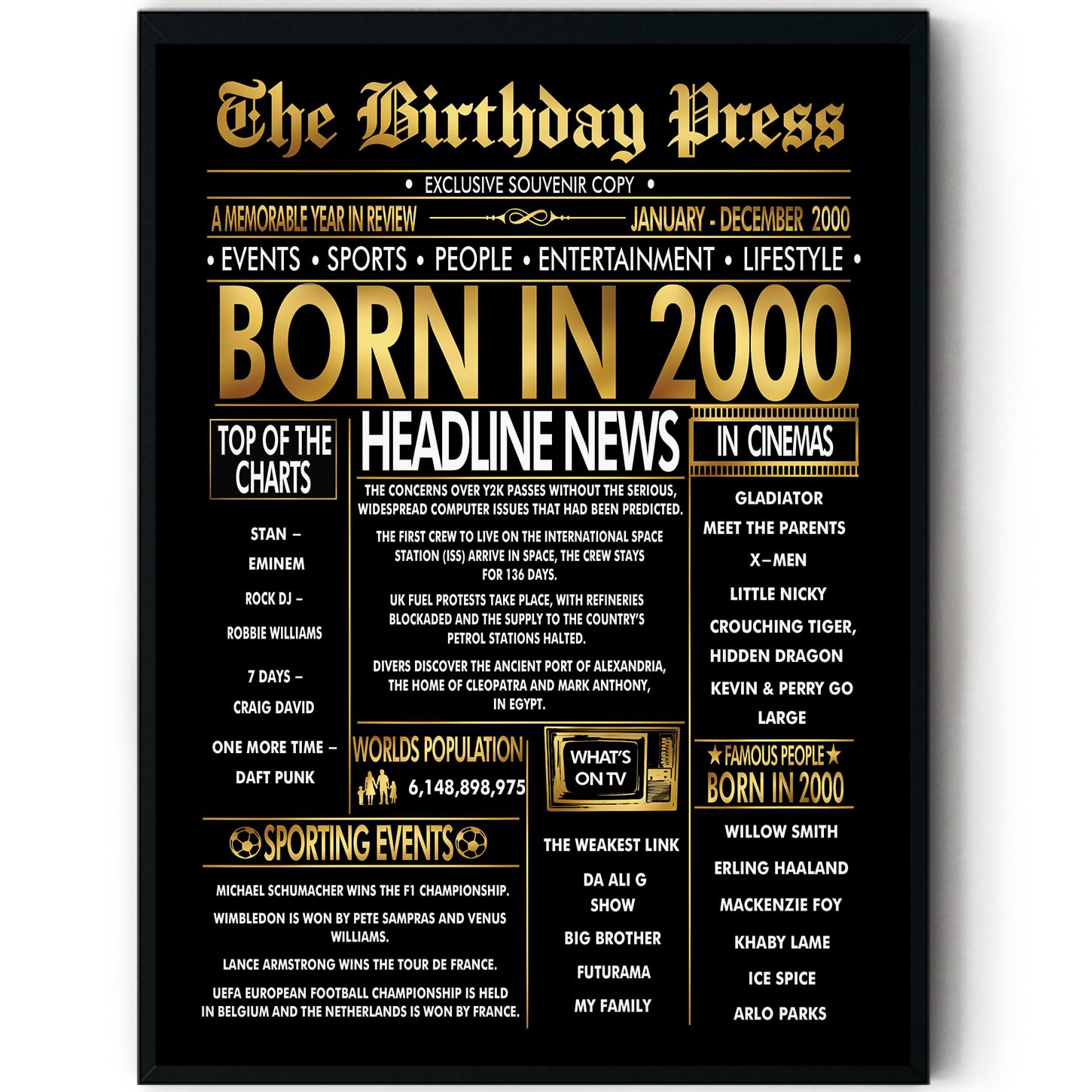 Stuff4 Gold 26th Birthday Poster Framed - Golden Born In 2000 Newspaper - Happy 26 Birthday for Men Women Retro Vintage Gifts Back In 2000, 8x10 Inch Bday Party Decor Decoration