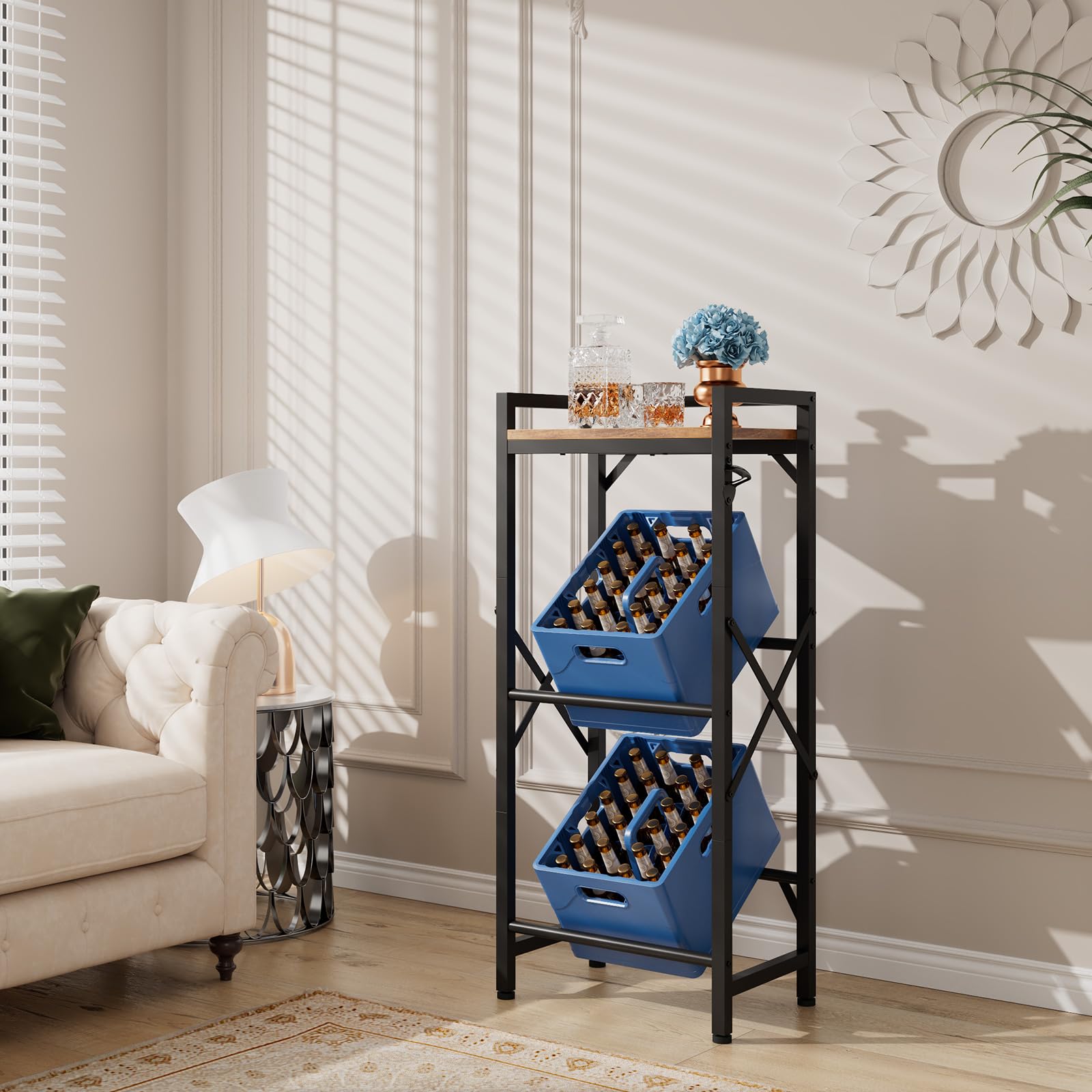 Aibiju Getränkekistenregal mit Ablage für 2 Kisten，32D x 47W x 116H cm Freistehend Kistenständer, Getränkeregal Wasserkistenregal, Bierkistenregal für Wohnzimmer, Küche, Weinkelle, YD-YLJ004H