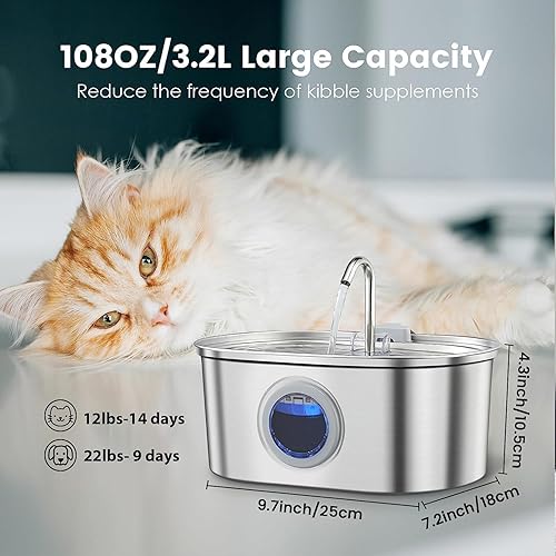 Miniatura 6 de Fuente de agua para gatos de acero inoxidable, dispensador automático de agua para mascotas de 108 oz3.2 L con ventana de nivel de agua, bomba