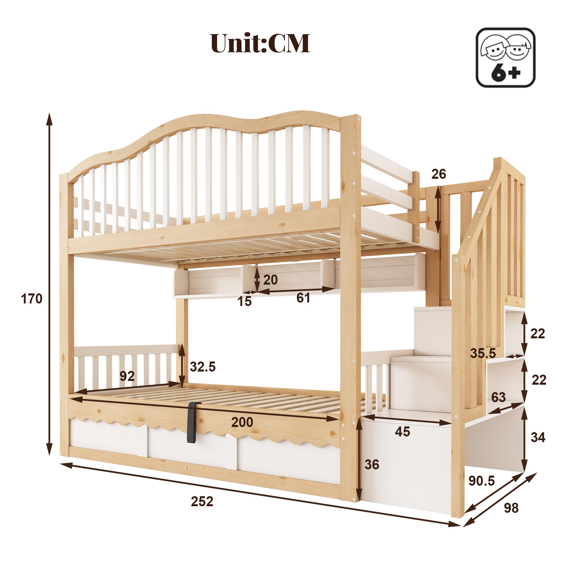 90 x 200 cm Litera para niños con espacio de almacenamiento hidráulico – Cama alta de madera con escalera de seguridad y estante, protección anticaídas, certificado EN 747-1:2024, blanco y roble