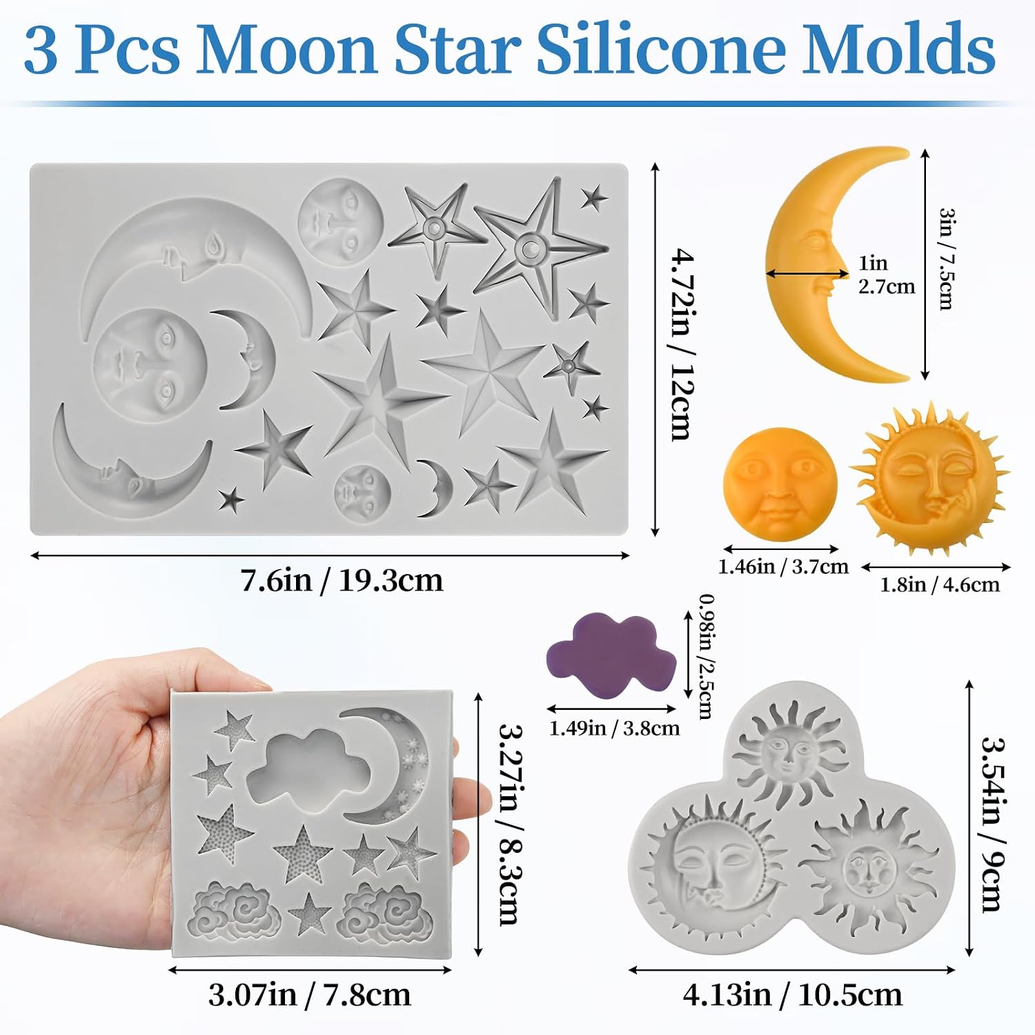 3 Pcs Moon Star Silicone Mold, Sun Face Star Cloud Fondant Cake Molds