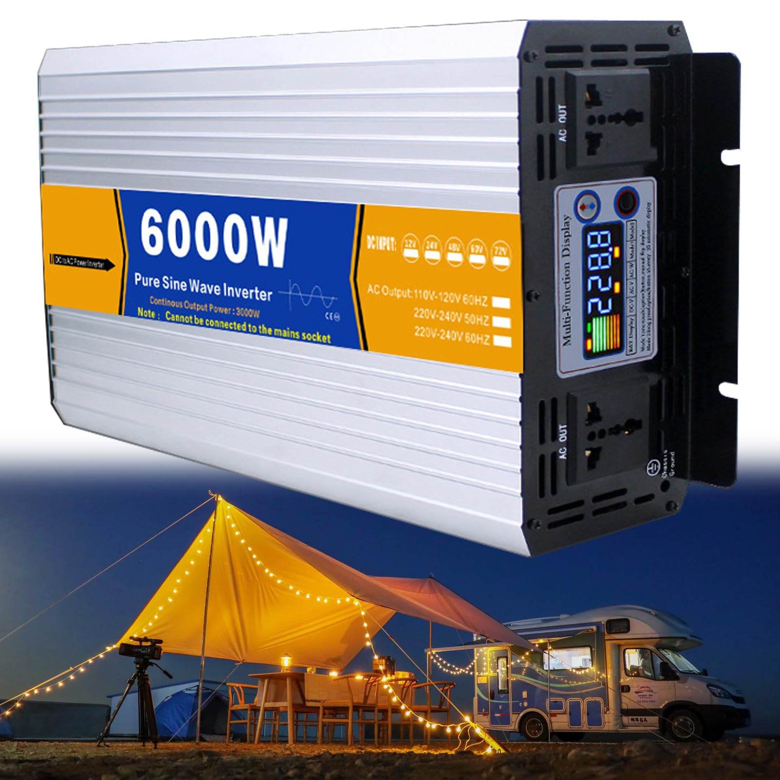 Inverter a Onda Sinusoidale Pura da 6000W Caricabatterie CC 12V/24V/48V/60V/72V a CA 110V/230V, Convertitore Inverter Solare a Bassa Frequenza per Casa, Camper, Camion, Impianto Sola(Size:24v to 110v)