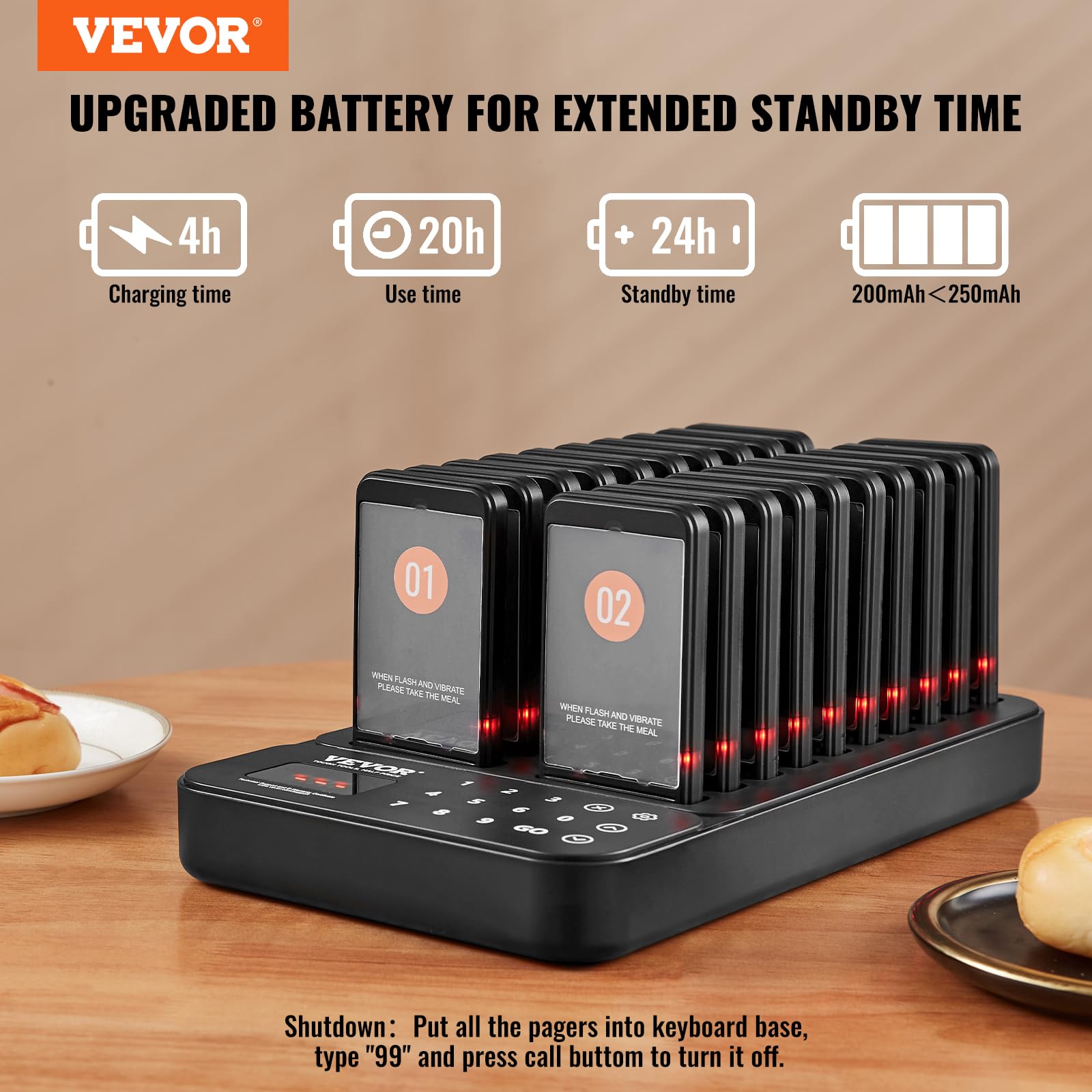 VEVOR Sistema de Buscapersonas Inalámbrico para Restaurantes Largo Alcance de 400m Buscapersonas para Hacer Colas con Vibración y Parpadeo 20 Zumbadores Cuadrado para Restaurantes, Cafeterías, Tiendas