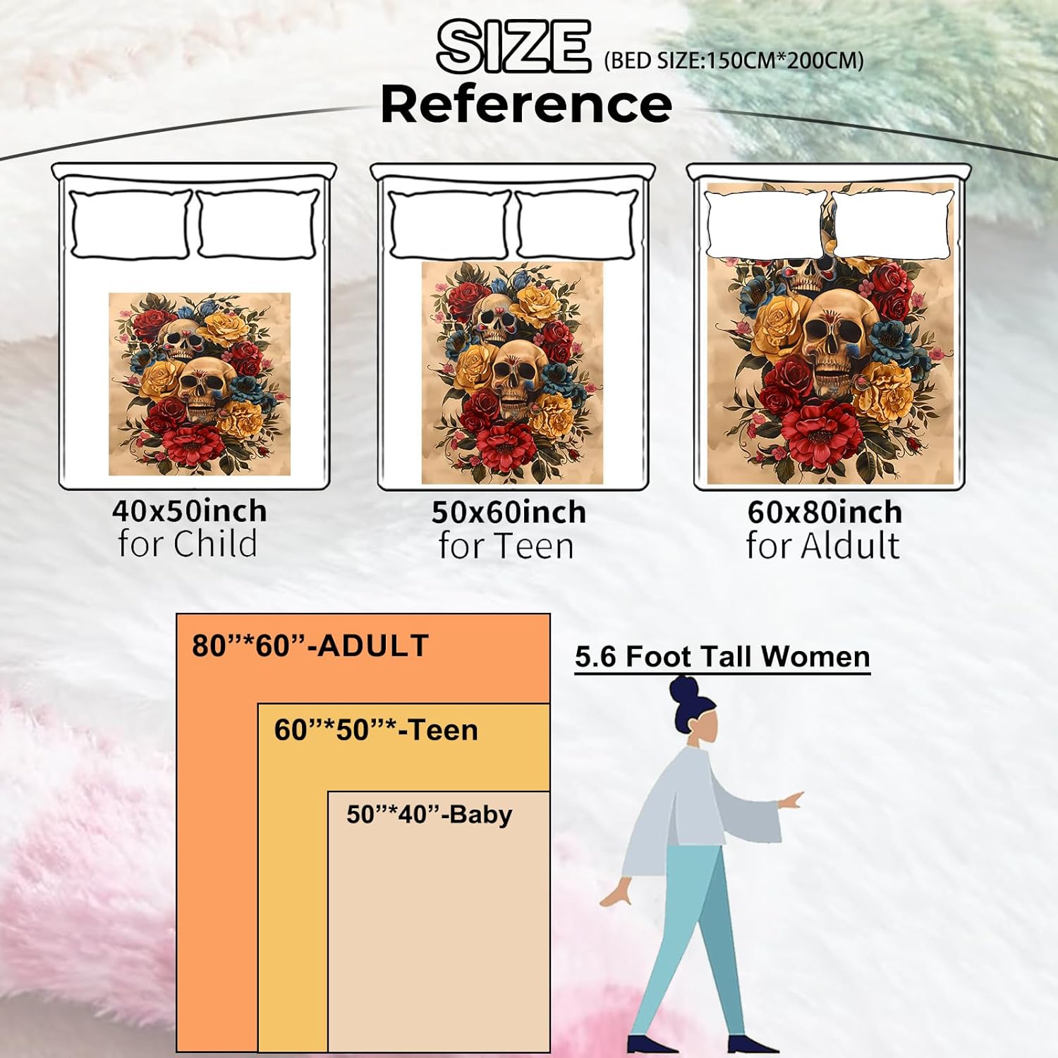 Gothic Skull and Rose Blanket Gifts for Kids Adult Women,Goth Tattoo-Style Flannel Throw Blankets,Soft Comfy Lightweight for Halloween Couch Bed Sofa Bold Modern Decor,Horror Lovers 60x50in - Image 3