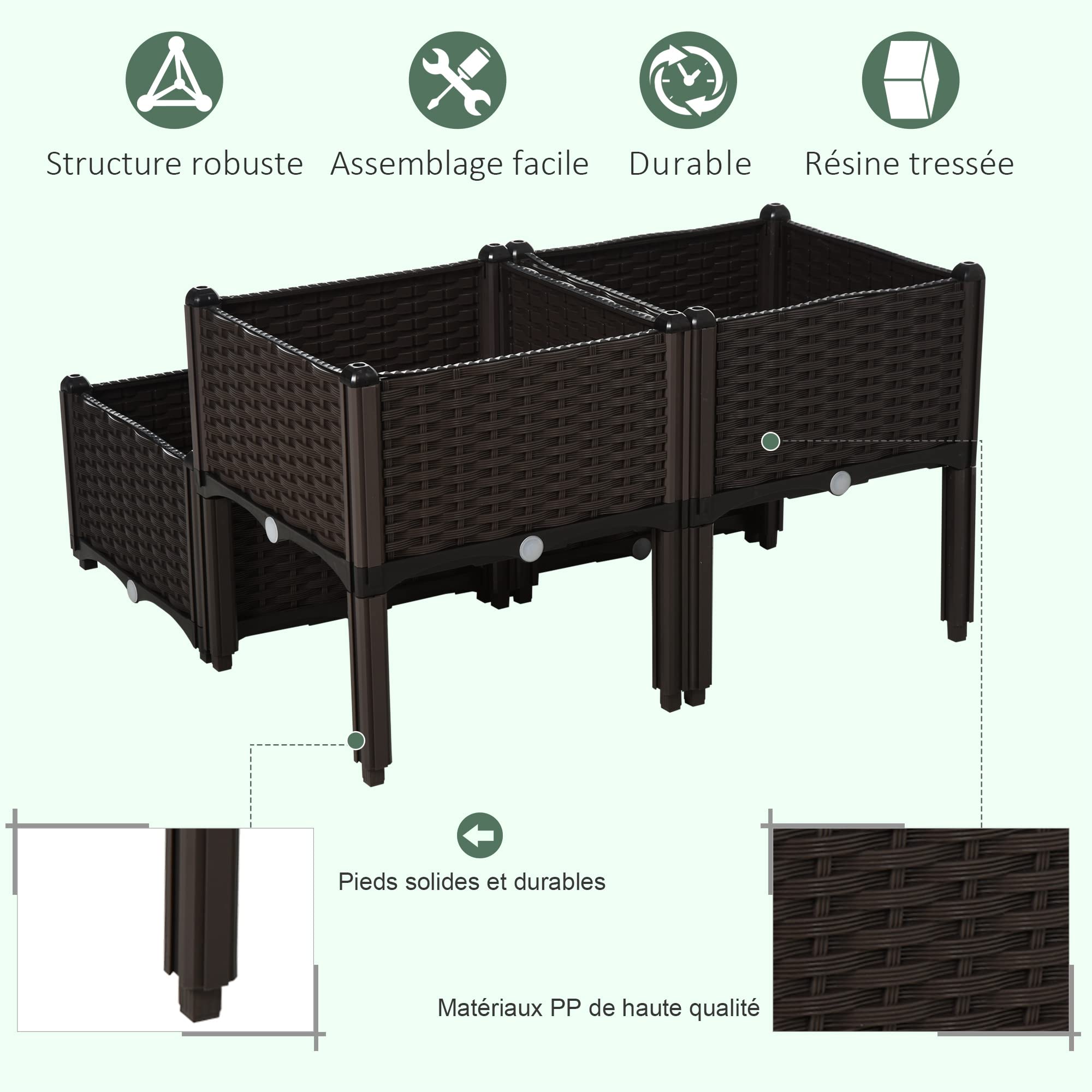 Outsunny Jardinière sur Pieds carré Potager 80L x 80l x 44H cm Chocolat | 2 Étages, Insert d'irrigation, Plastique Imitation Rotin Tressé