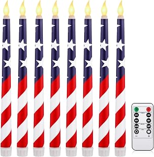 8 Pcs Patriotic Candles Flameless Taper Candles with Remote & Timer 4th of July American Flag Flameless Candlesticks Flickering Real 3D Real Wax Candle for Independence Day Decor, 11inch