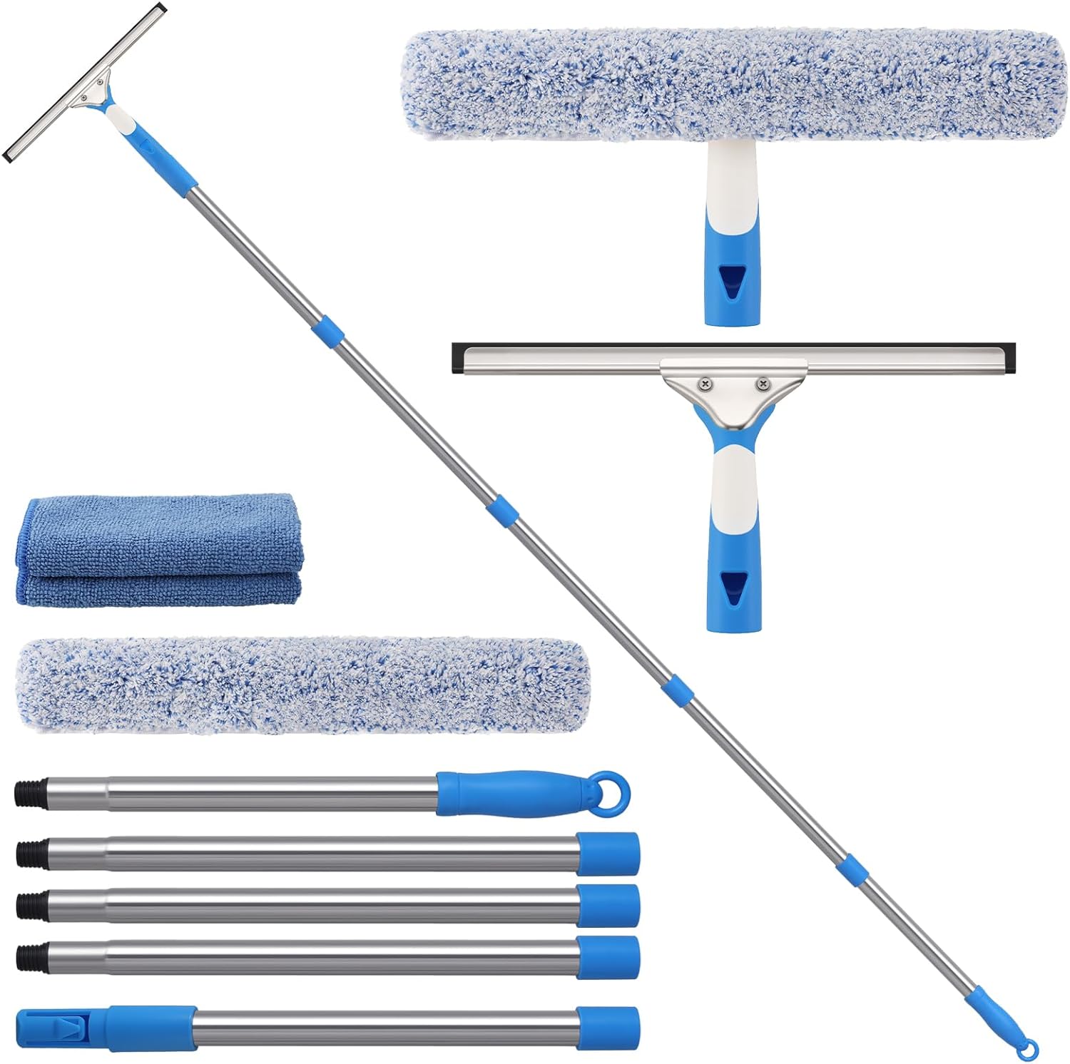 6.5 Feet Window Cleaning Kit with Extension Poles, Window Cleaner Tool with 14’’ Silicone Squeegee, 14’’ Microfiber Scrubber & Cloth, Window Washing Equipment for Indoor/Outdoor Windows