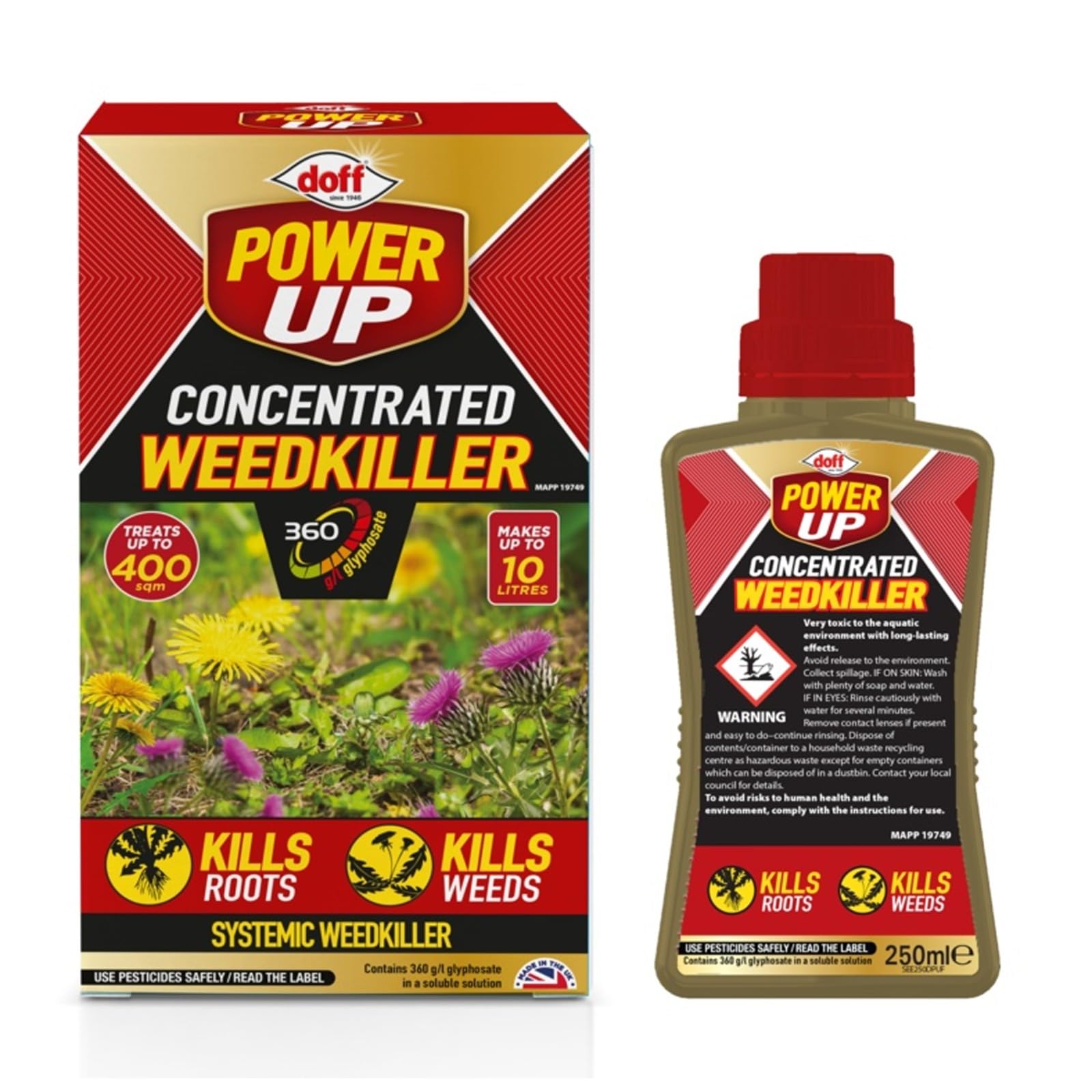 Doff Power Up Concentrated Weedkiller, Fast-Acting Systemic Garden Weed Control, Kills Roots & Weeds, Makes Up to 10L Solution, Ideal for Paths, Patios & Driveways, (250ml)